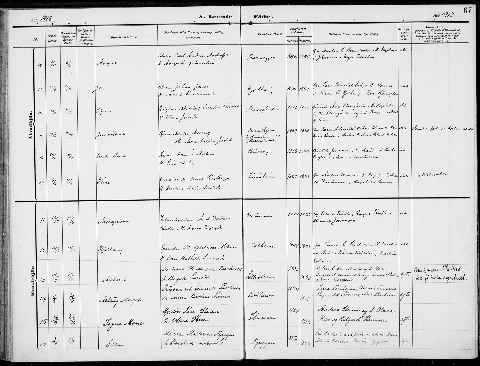 Alvdal prestekontor, AV/SAH-PREST-060/H/Ha/Haa/L0004: Parish register (official) no. 4, 1907-1919, p. 67