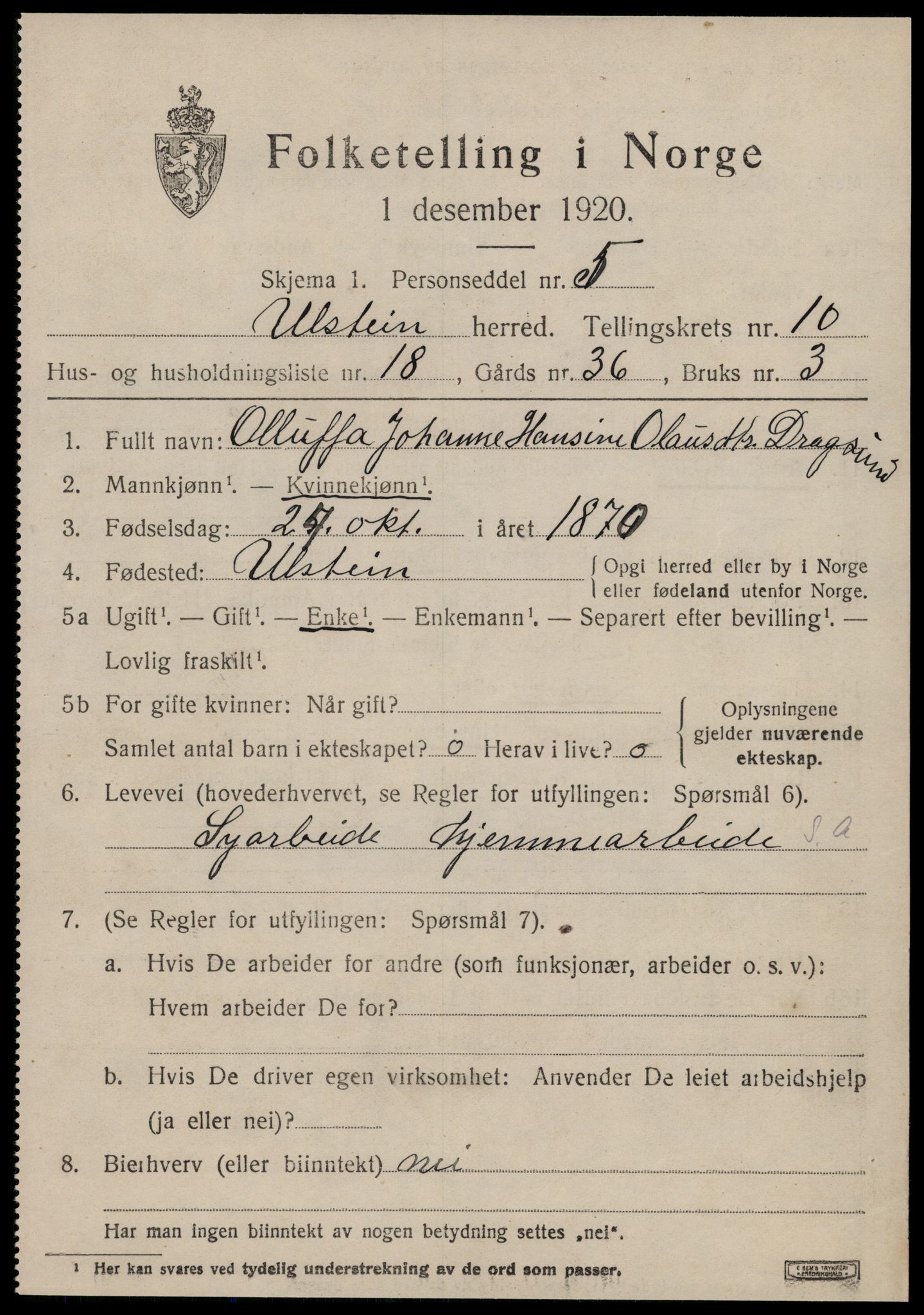 SAT, 1920 census for Ulstein, 1920, p. 5586