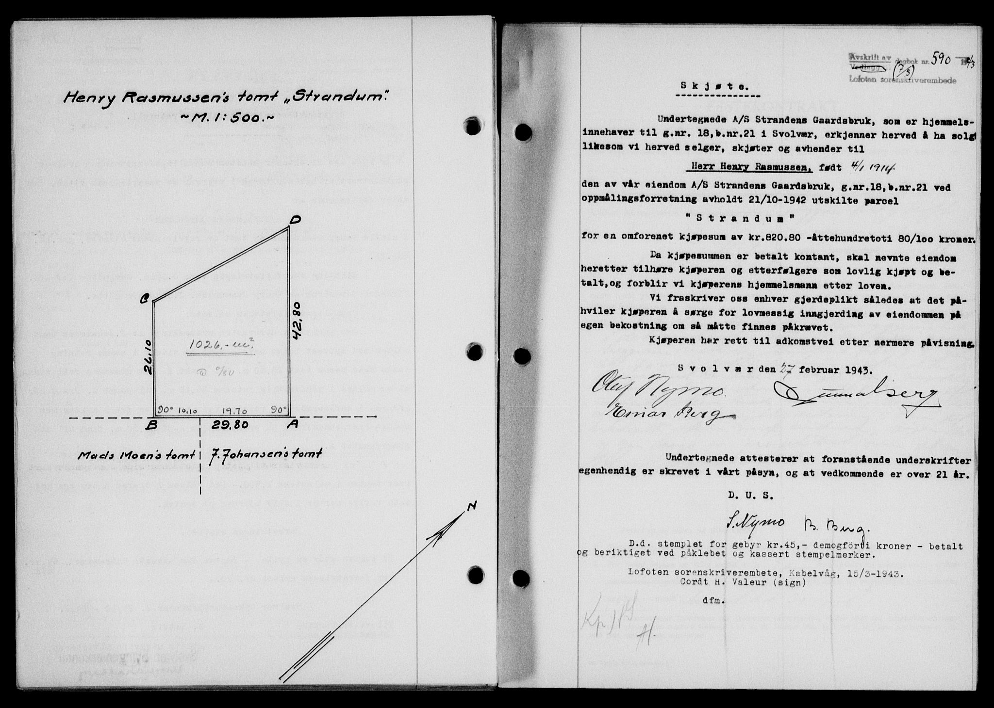 Lofoten sorenskriveri, SAT/A-0017/1/2/2C/L0011a: Mortgage book no. 11a, 1943-1943, Diary no: : 590/1943