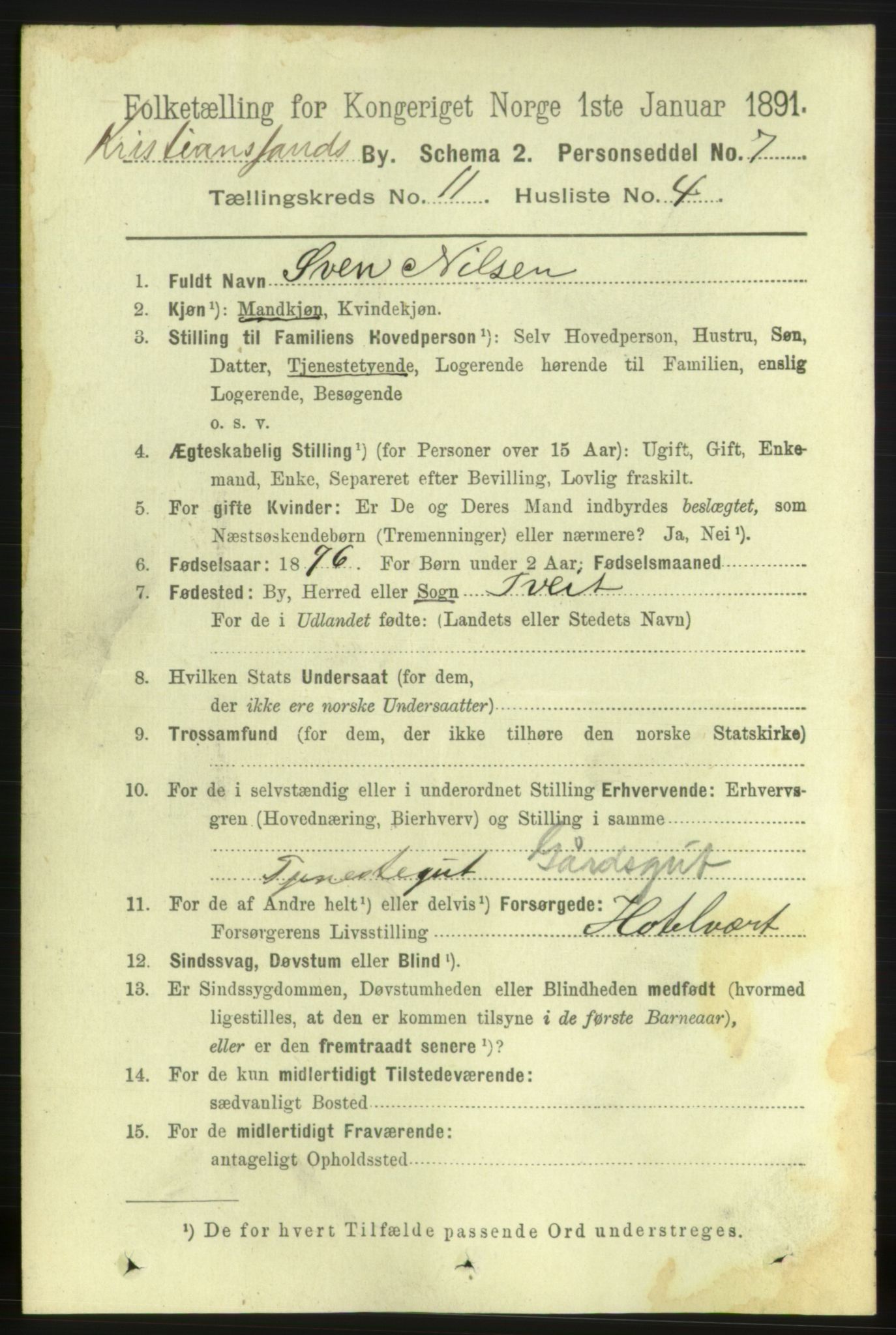 RA, 1891 census for 1001 Kristiansand, 1891, p. 5607