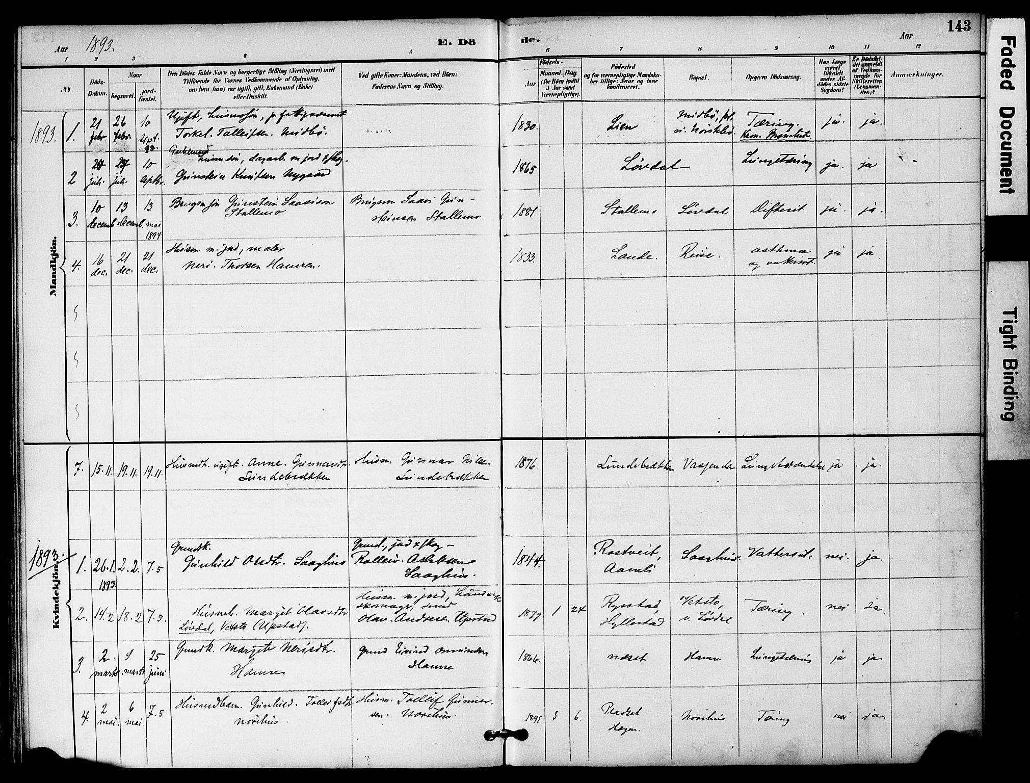 Bygland sokneprestkontor, SAK/1111-0006/F/Fa/Fab/L0007: Parish register (official) no. A 7, 1885-1909, p. 143