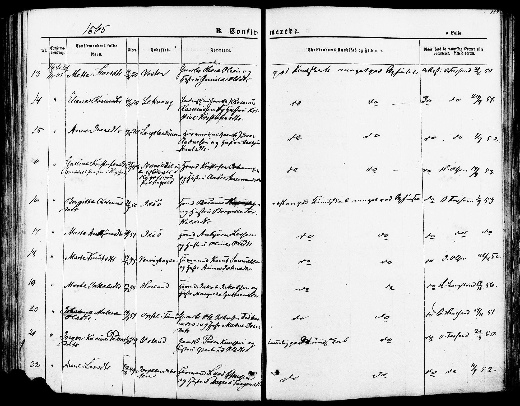 Strand sokneprestkontor, SAST/A-101828/H/Ha/Haa/L0007: Parish register (official) no. A 7, 1855-1881, p. 189