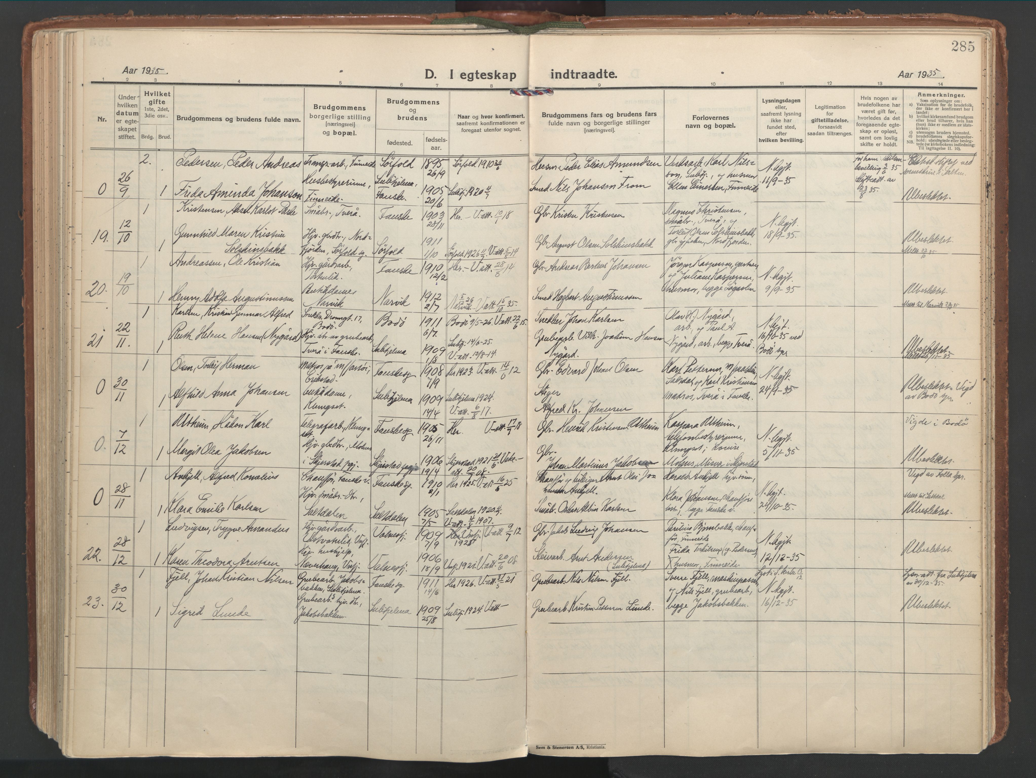 Ministerialprotokoller, klokkerbøker og fødselsregistre - Nordland, SAT/A-1459/849/L0699: Parish register (official) no. 849A10, 1924-1937, p. 285