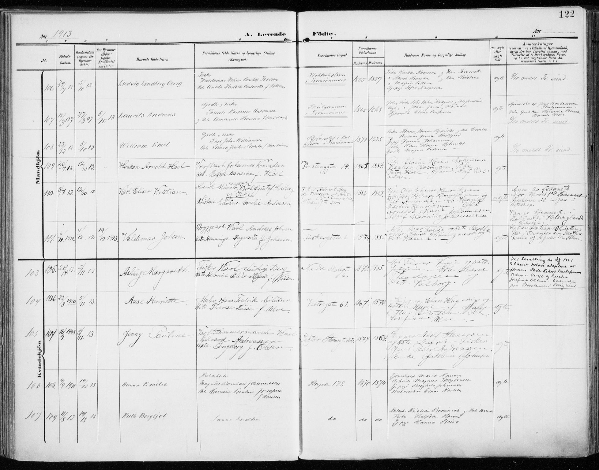 Tromsø sokneprestkontor/stiftsprosti/domprosti, SATØ/S-1343/G/Ga/L0017kirke: Parish register (official) no. 17, 1907-1917, p. 122