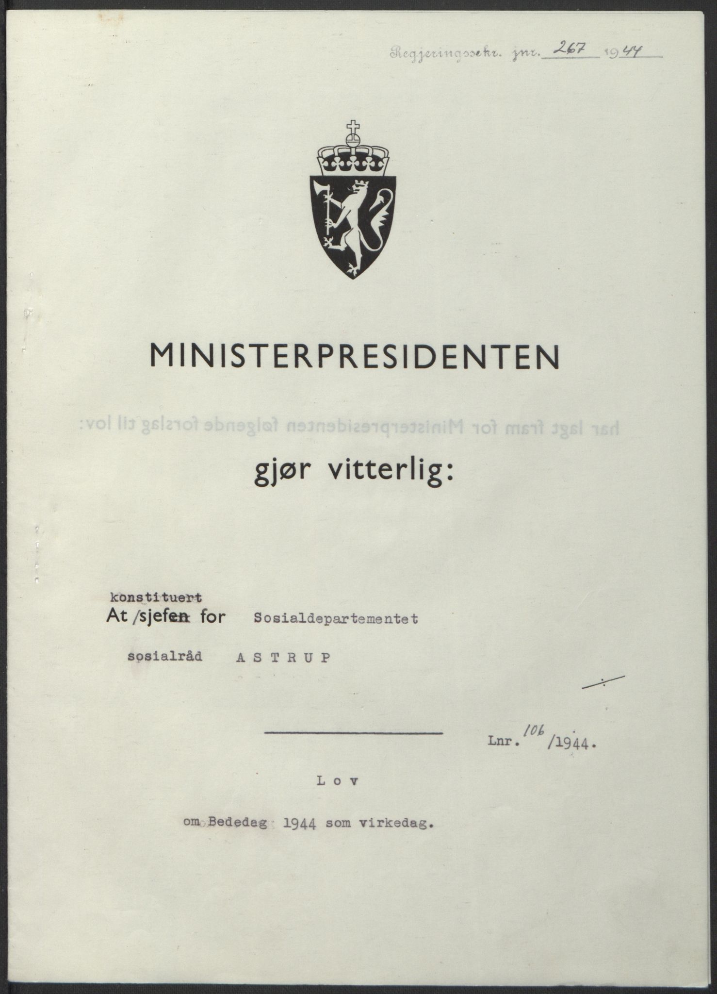 NS-administrasjonen 1940-1945 (Statsrådsekretariatet, de kommisariske statsråder mm), RA/S-4279/D/Db/L0100: Lover, 1944, p. 501