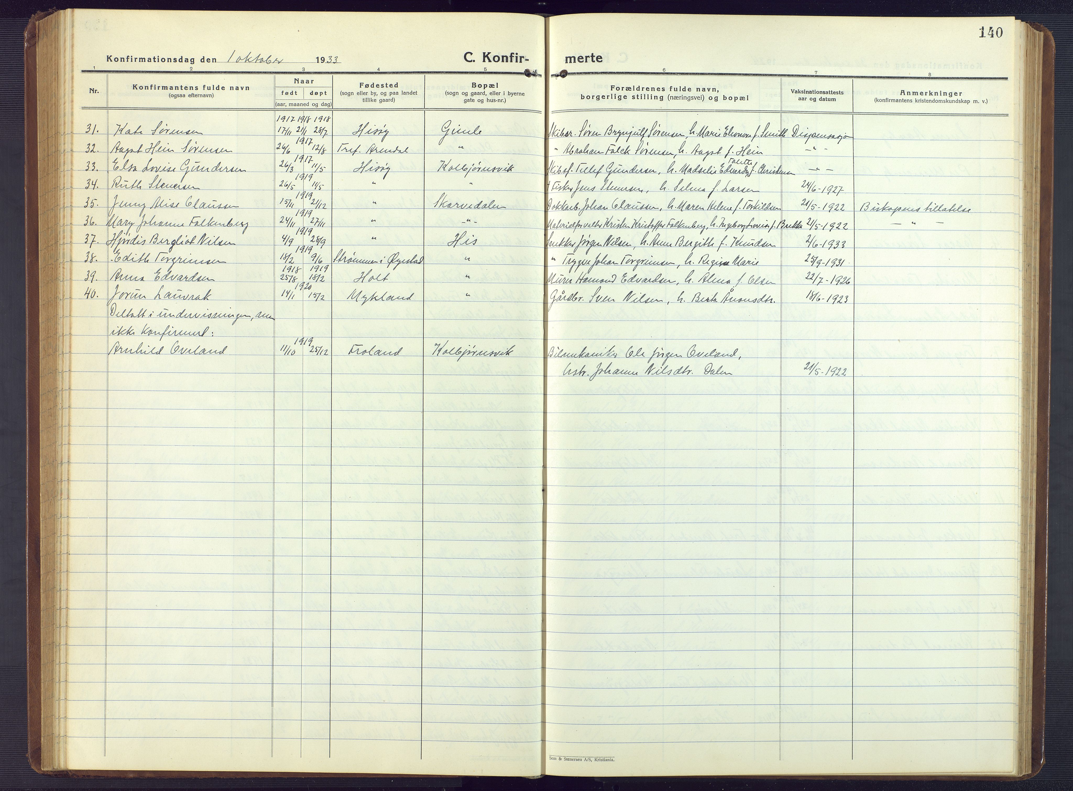 Hisøy sokneprestkontor, AV/SAK-1111-0020/F/Fb/L0005: Parish register (copy) no. B 5, 1924-1946, p. 140