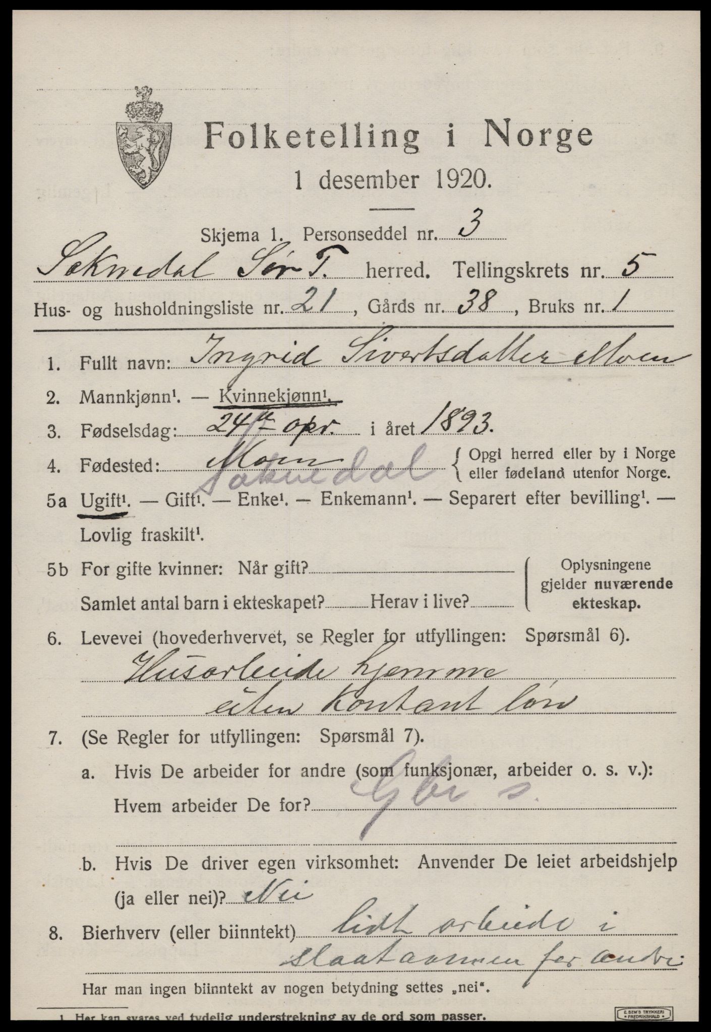 SAT, 1920 census for Soknedal, 1920, p. 2878