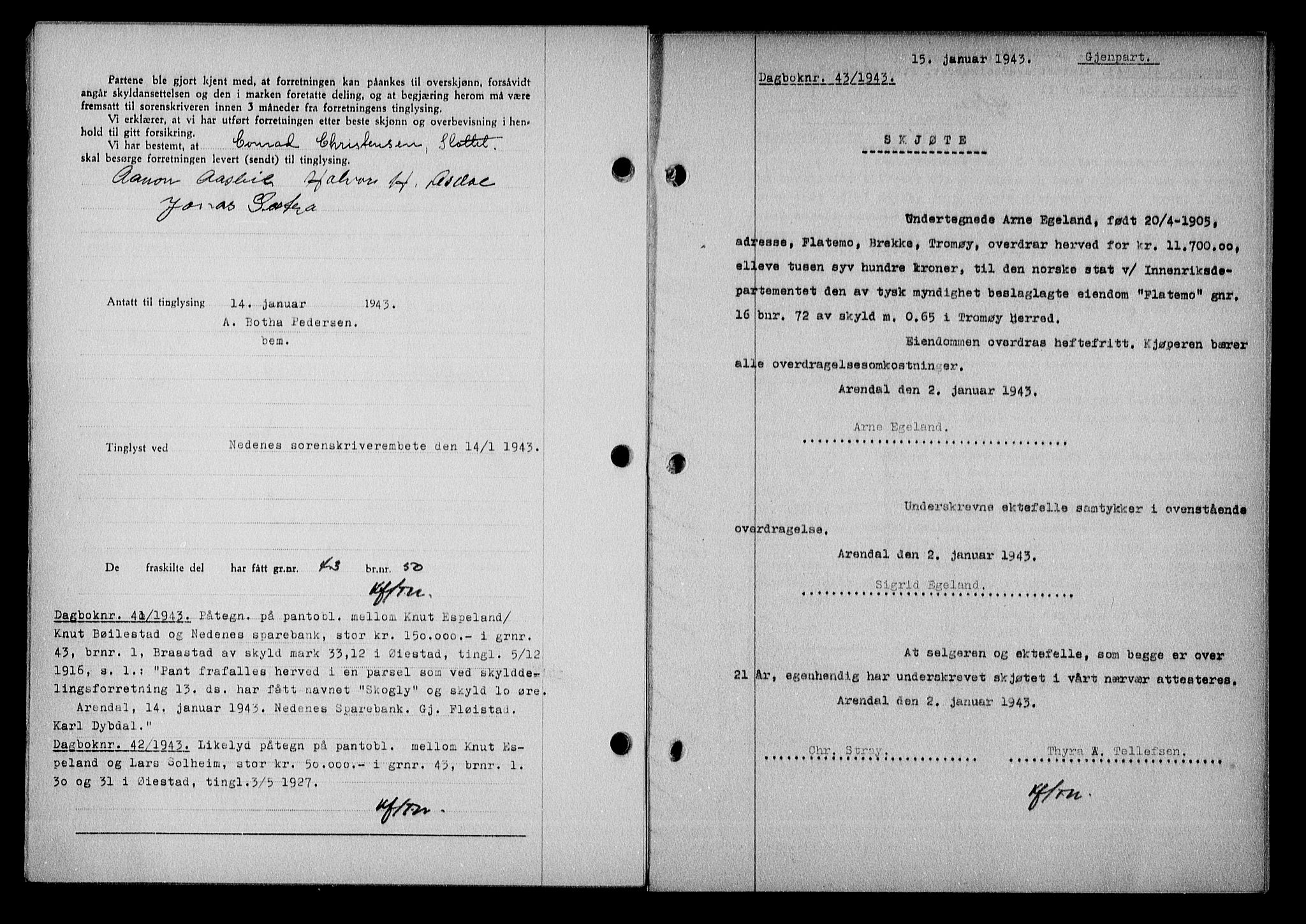 Nedenes sorenskriveri, SAK/1221-0006/G/Gb/Gba/L0050: Mortgage book no. A-IV, 1942-1943, Diary no: : 43/1943