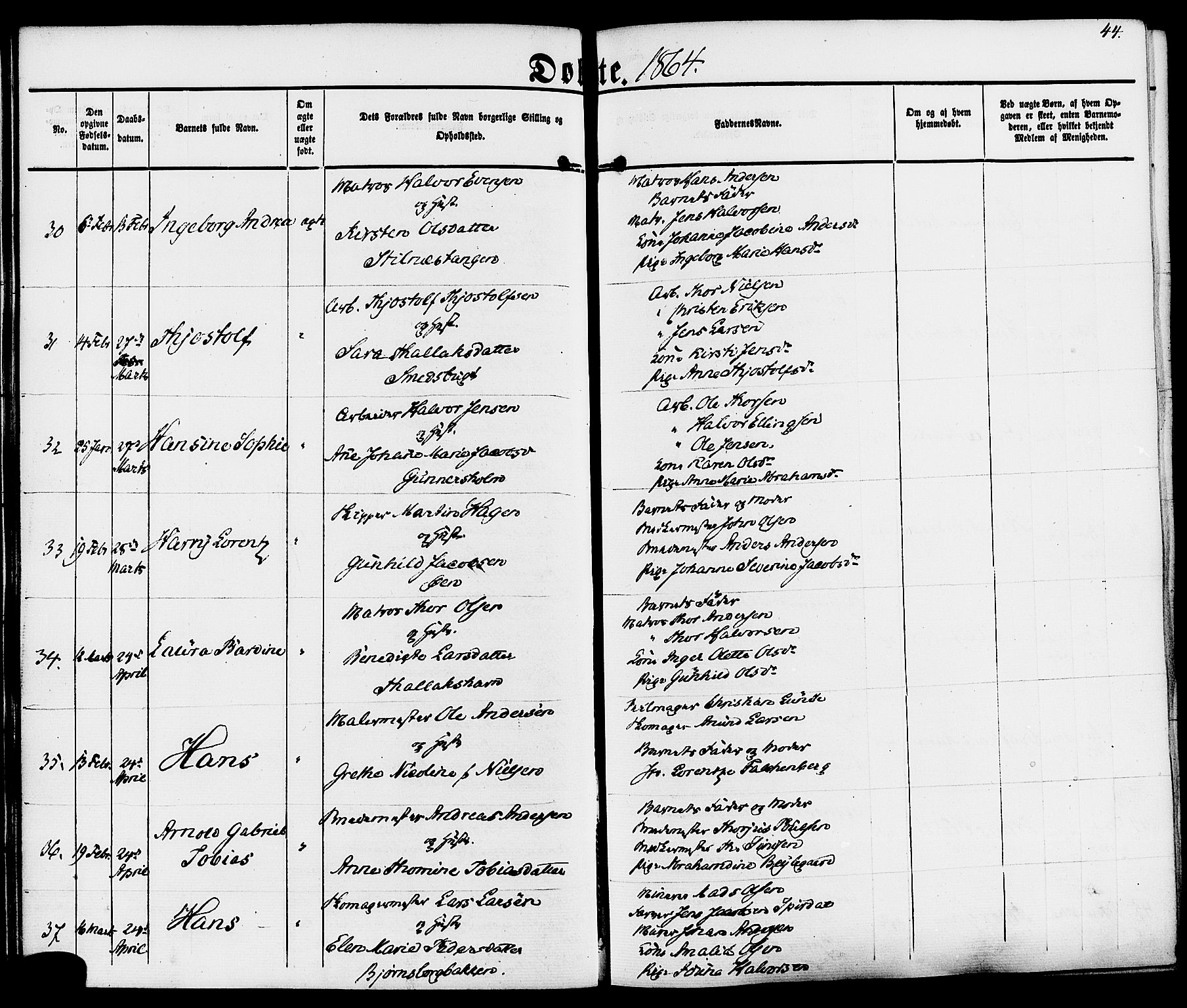 Kragerø kirkebøker, SAKO/A-278/F/Fa/L0007: Parish register (official) no. 7, 1861-1875, p. 44