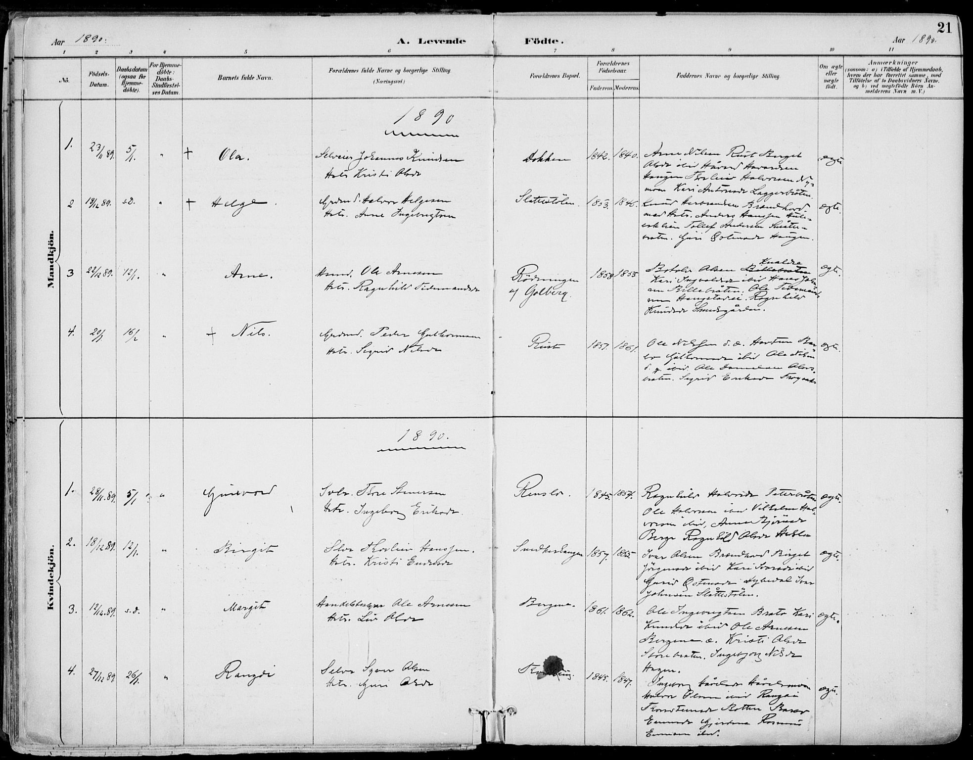 Gol kirkebøker, AV/SAKO-A-226/F/Fa/L0005: Parish register (official) no. I 5, 1887-1900, p. 21