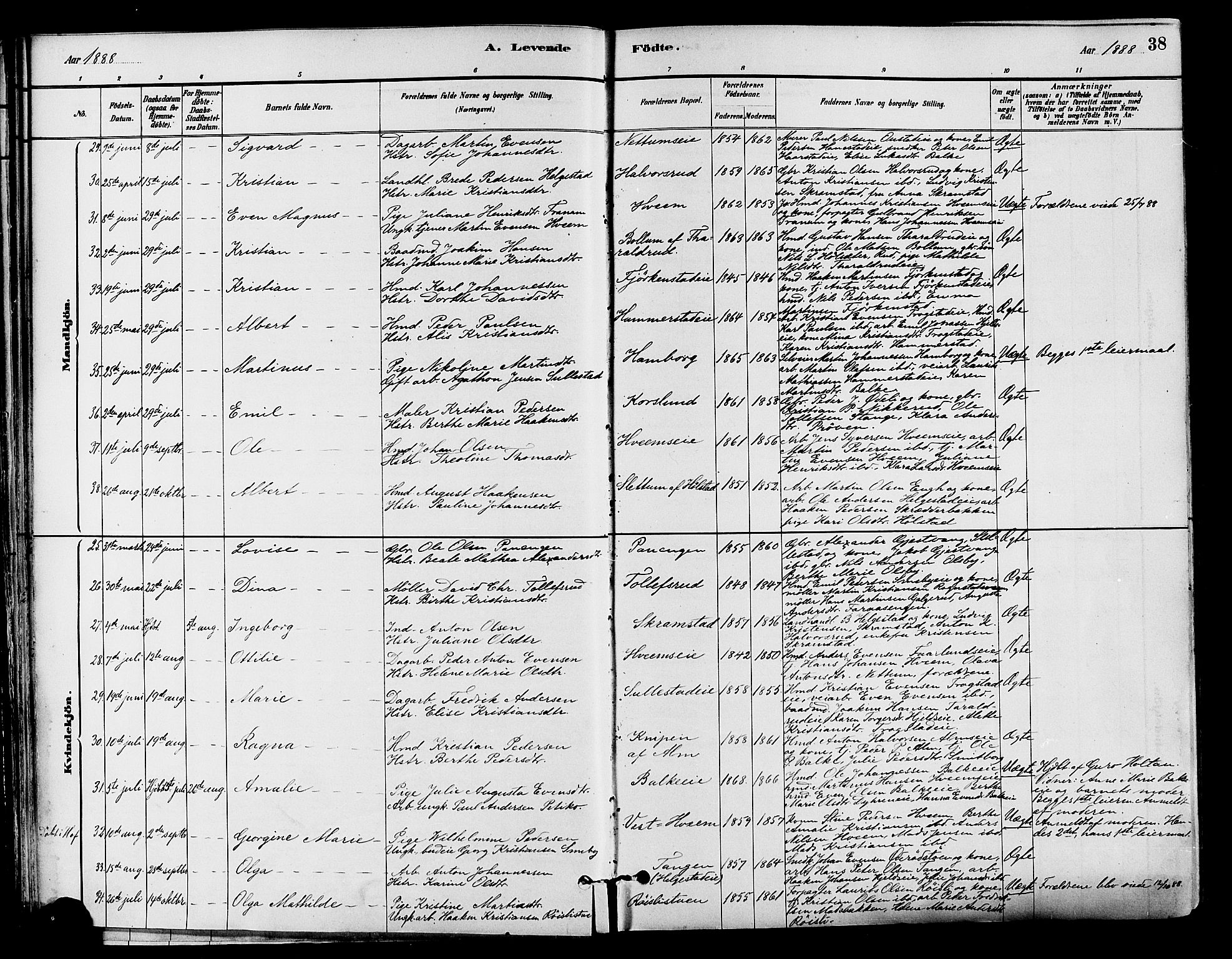 Østre Toten prestekontor, AV/SAH-PREST-104/H/Ha/Haa/L0007: Parish register (official) no. 7, 1881-1896, p. 38