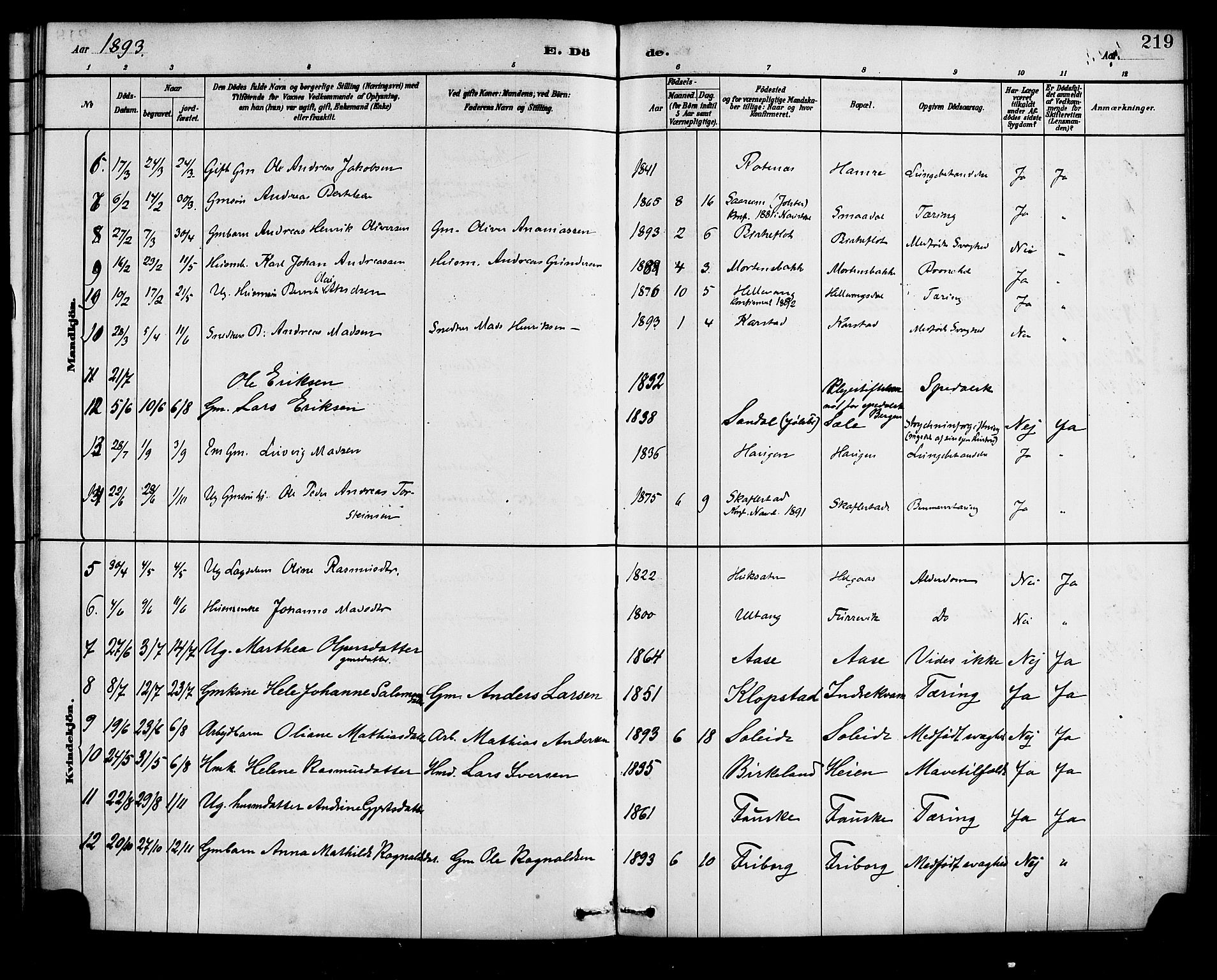 Førde sokneprestembete, AV/SAB-A-79901/H/Haa/Haad/L0001: Parish register (official) no. D 1, 1881-1898, p. 219