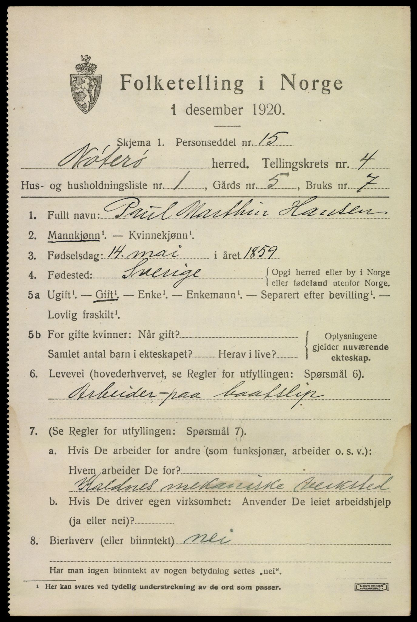 SAKO, 1920 census for Nøtterøy, 1920, p. 6687