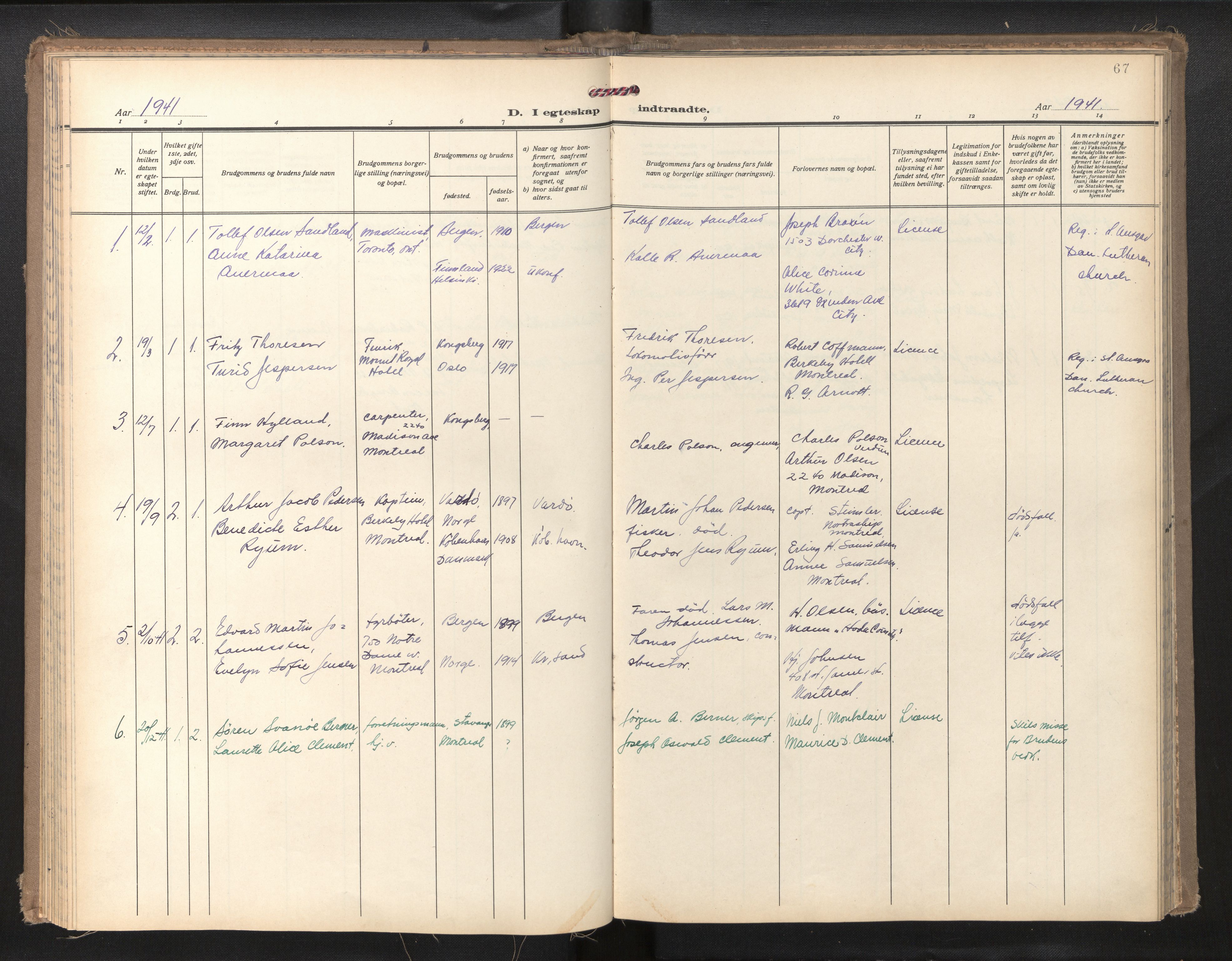 Den norske sjømannsmisjon i utlandet/Montreal-Halifax, AV/SAB-SAB/PA-0116/H/Ha/L0001: Parish register (official) no. A 1, 1929-1960, p. 66b-67a