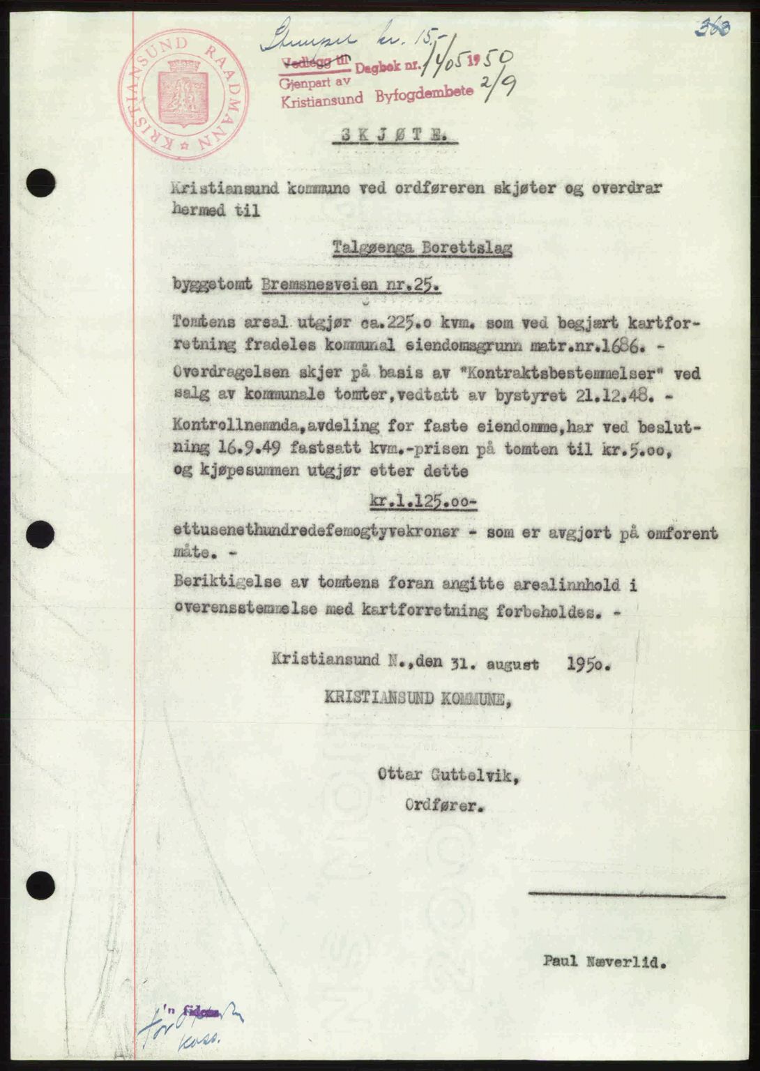 Kristiansund byfogd, AV/SAT-A-4587/A/27: Mortgage book no. 46, 1949-1950, Diary no: : 1405/1950