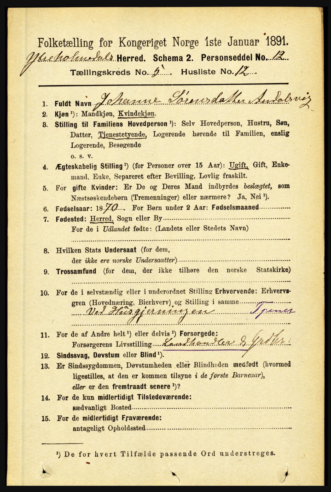 RA, 1891 census for 1429 Ytre Holmedal, 1891, p. 1226