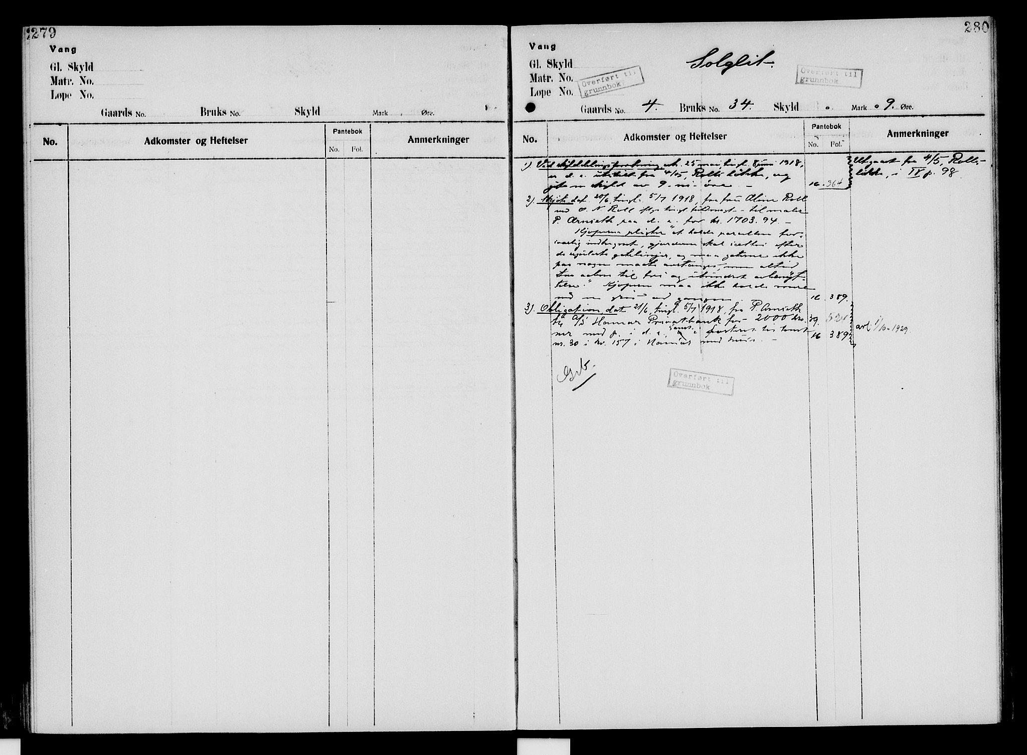 Nord-Hedmark sorenskriveri, SAH/TING-012/H/Ha/Had/Hade/L0005: Mortgage register no. 4.5, 1916-1940, p. 279-280