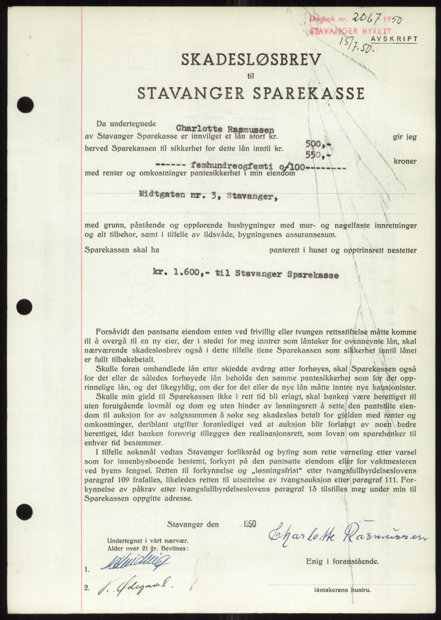 Stavanger byrett, SAST/A-100455/002/G/Gb/L0032: Mortgage book, 1947-1950, Diary no: : 2067/1950