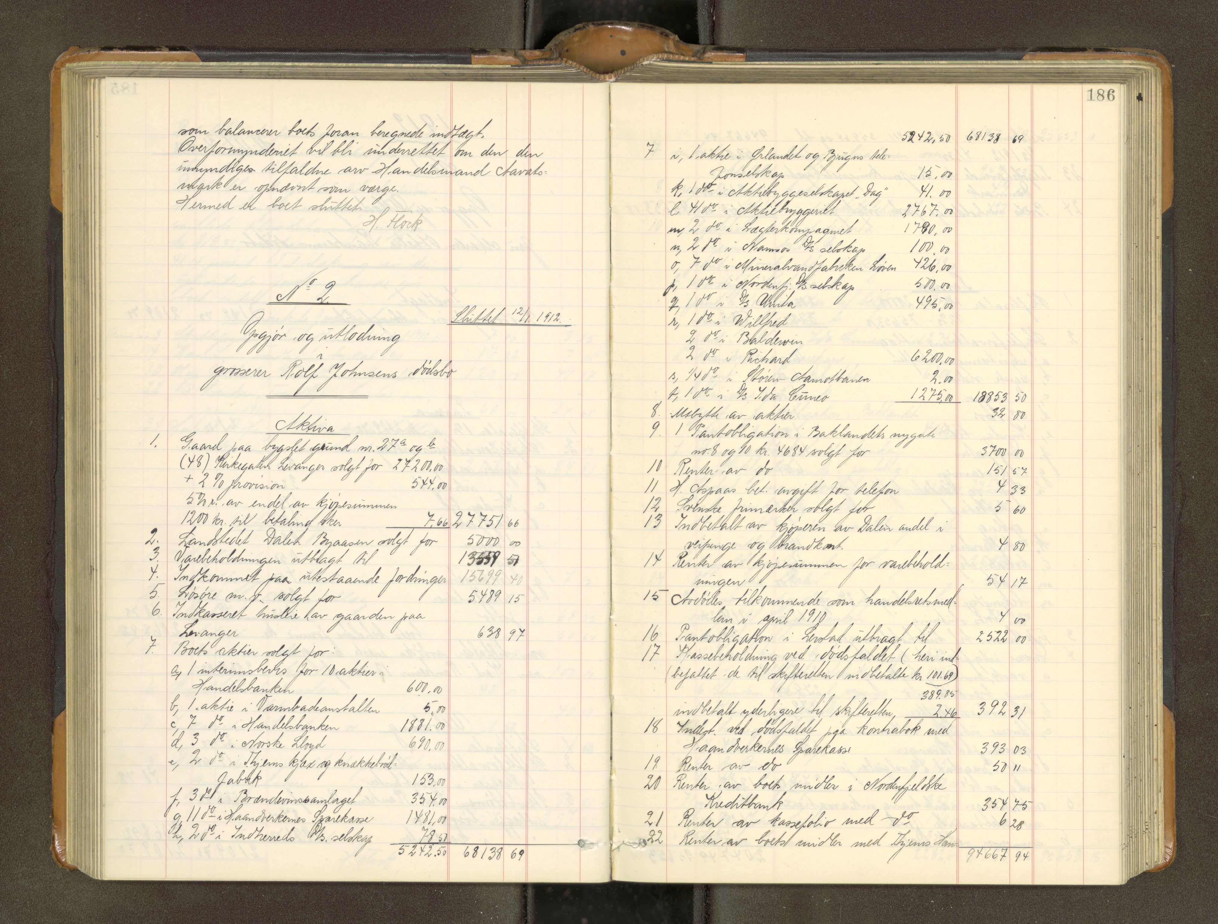 Trondheim byfogd, AV/SAT-A-0003/1/3/3A/L0040: Skifteutlodningsprotokoll - 9/2-1/10. (m/ register), 1910-1913, p. 186