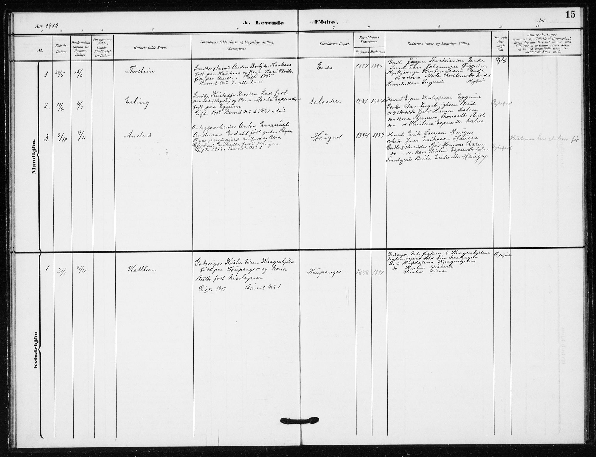 Sogndal sokneprestembete, AV/SAB-A-81301/H/Hab/Habb/L0002: Parish register (copy) no. B 2, 1908-1933, p. 15