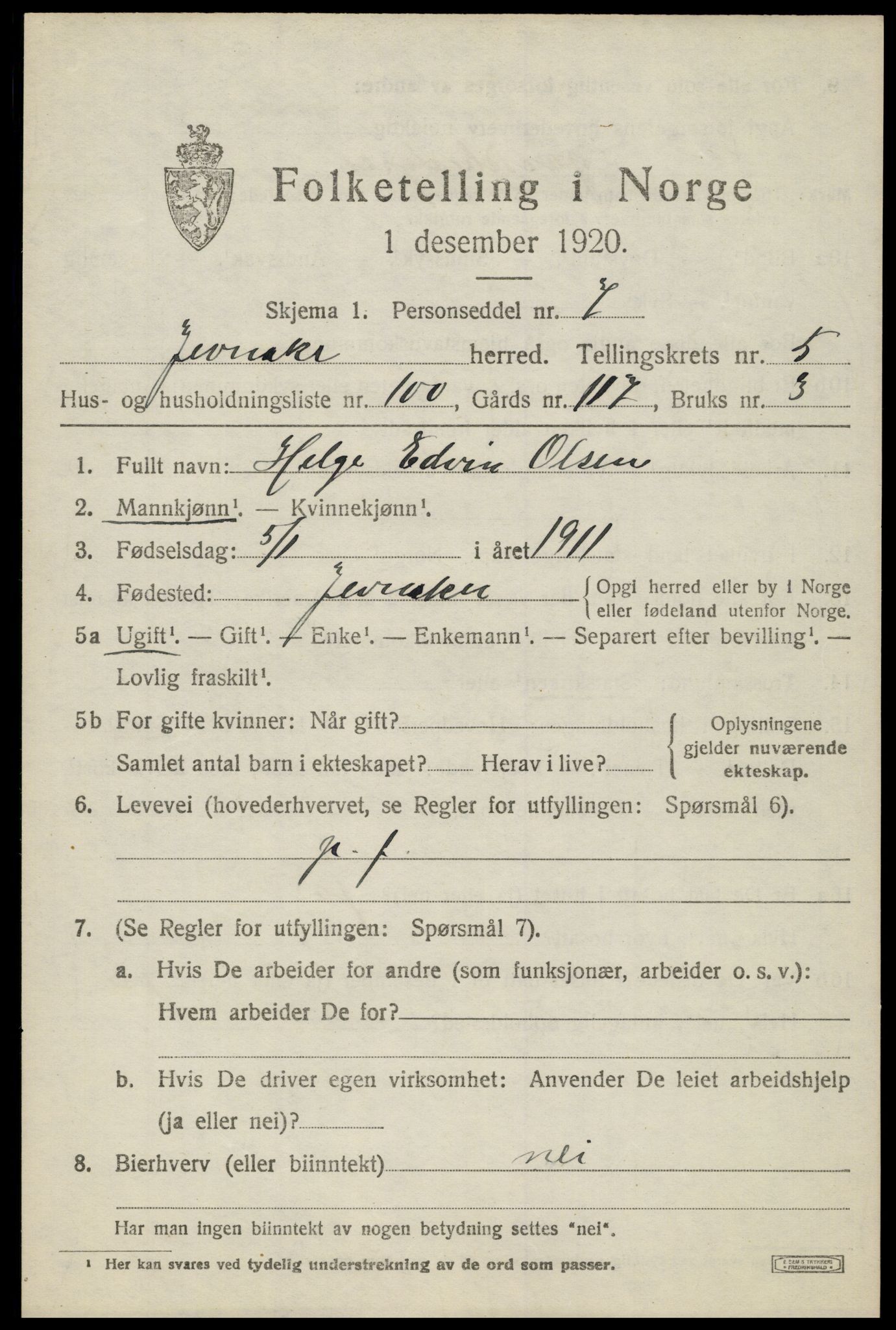 SAH, 1920 census for Jevnaker, 1920, p. 8839