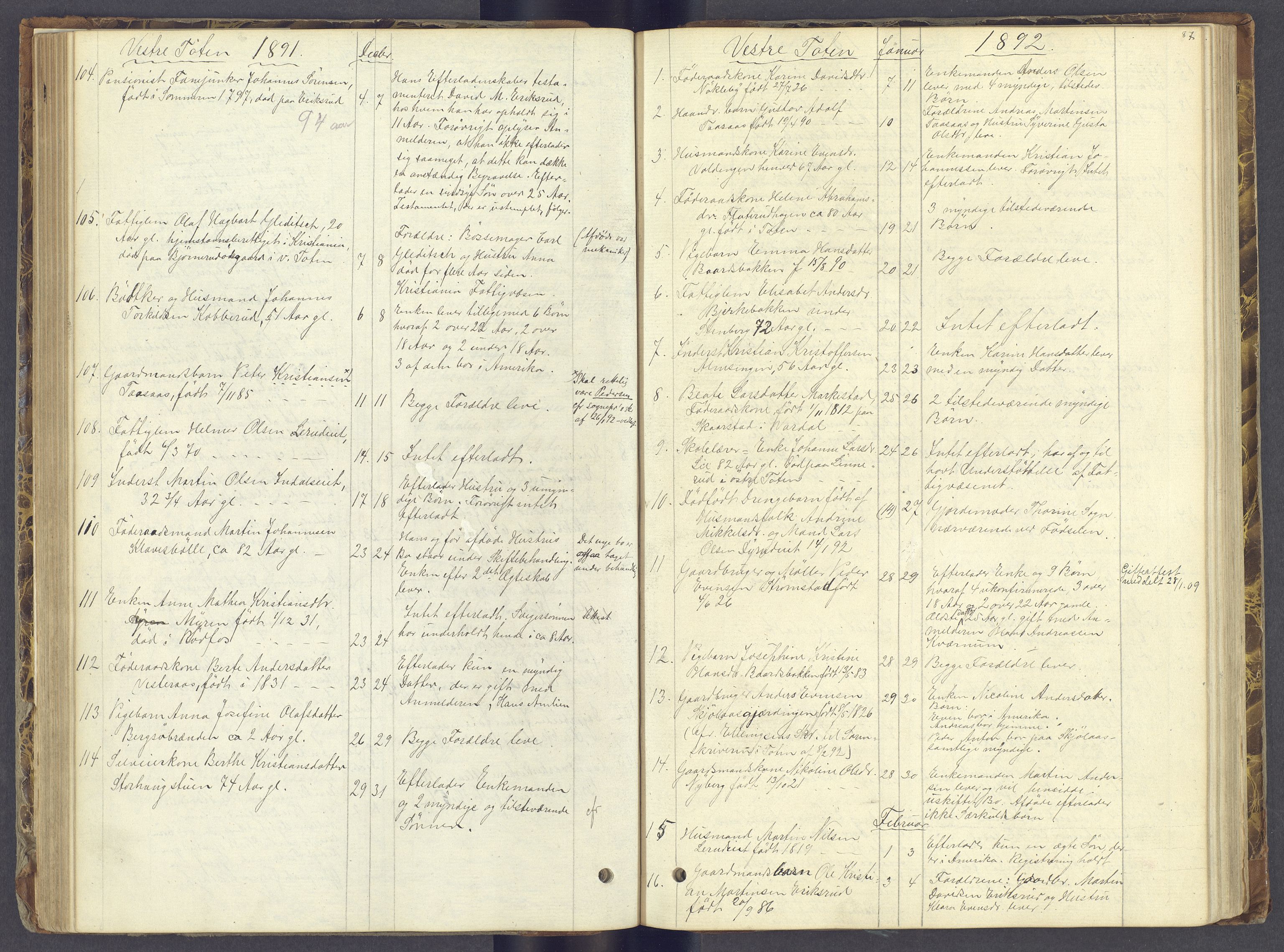Toten tingrett, AV/SAH-TING-006/J/Jl/L0002: Dødsfallsjournal, 1868-1892, p. 86b-87a