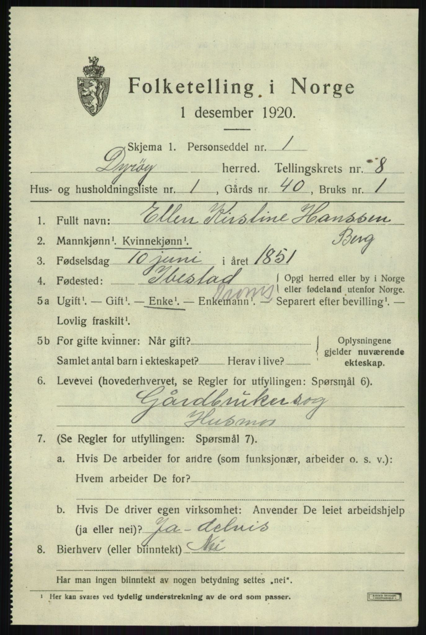 SATØ, 1920 census for Dyrøy, 1920, p. 4099