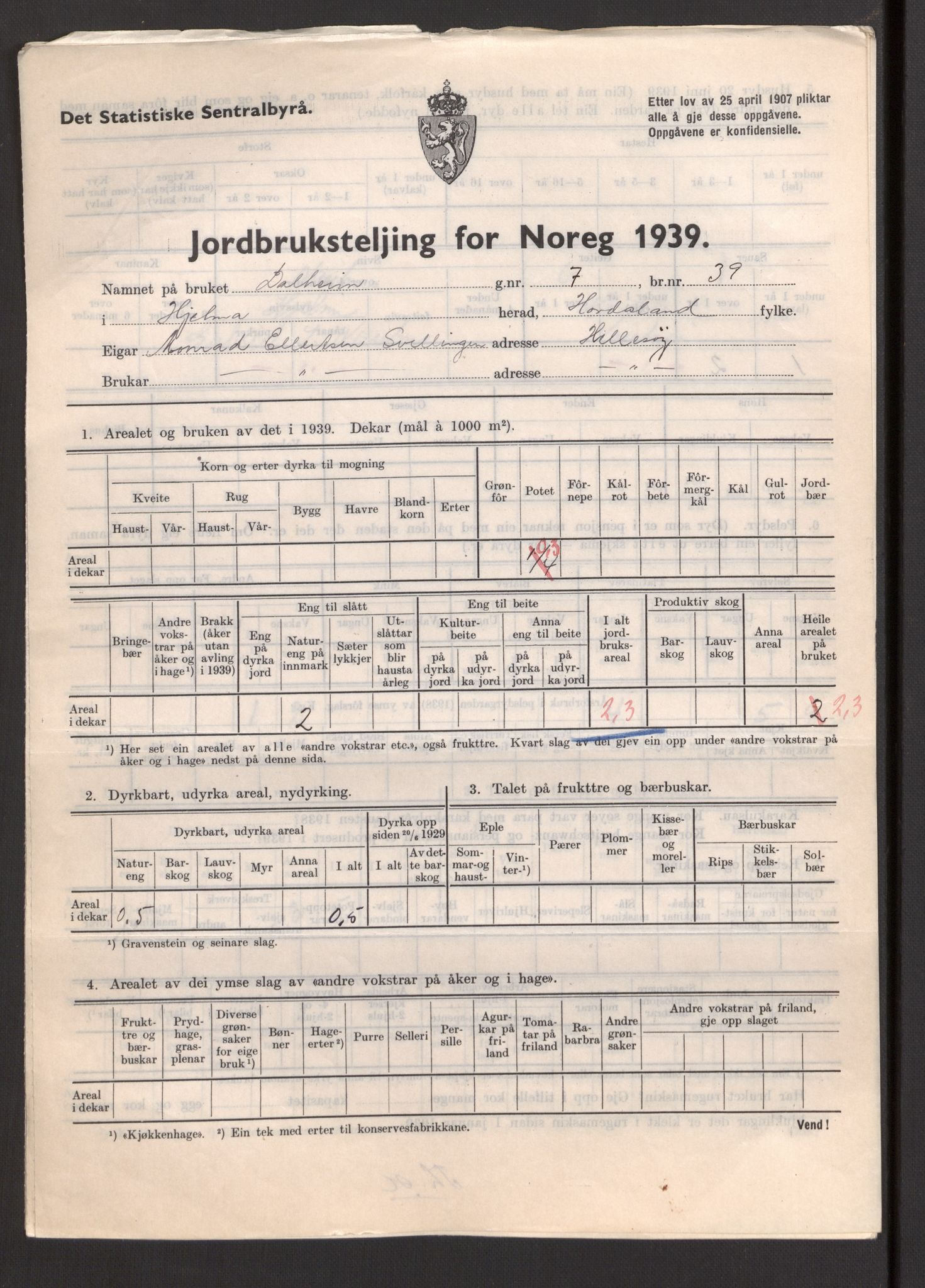 Statistisk sentralbyrå, Næringsøkonomiske emner, Jordbruk, skogbruk, jakt, fiske og fangst, AV/RA-S-2234/G/Gb/L0211: Hordaland: Herdla, Hjelme og Manger, 1939, p. 1175