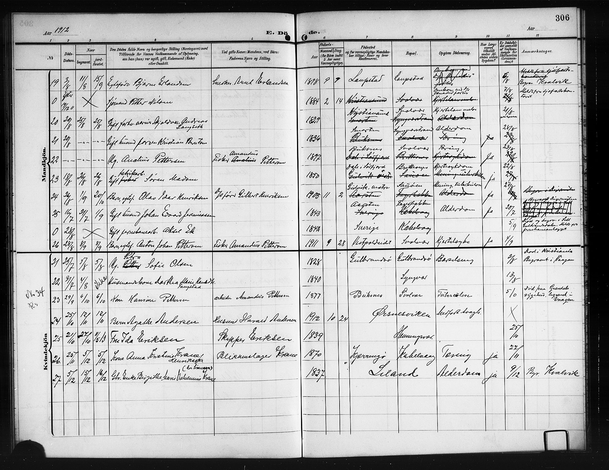 Ministerialprotokoller, klokkerbøker og fødselsregistre - Nordland, SAT/A-1459/874/L1079: Parish register (copy) no. 874C08, 1907-1915, p. 306