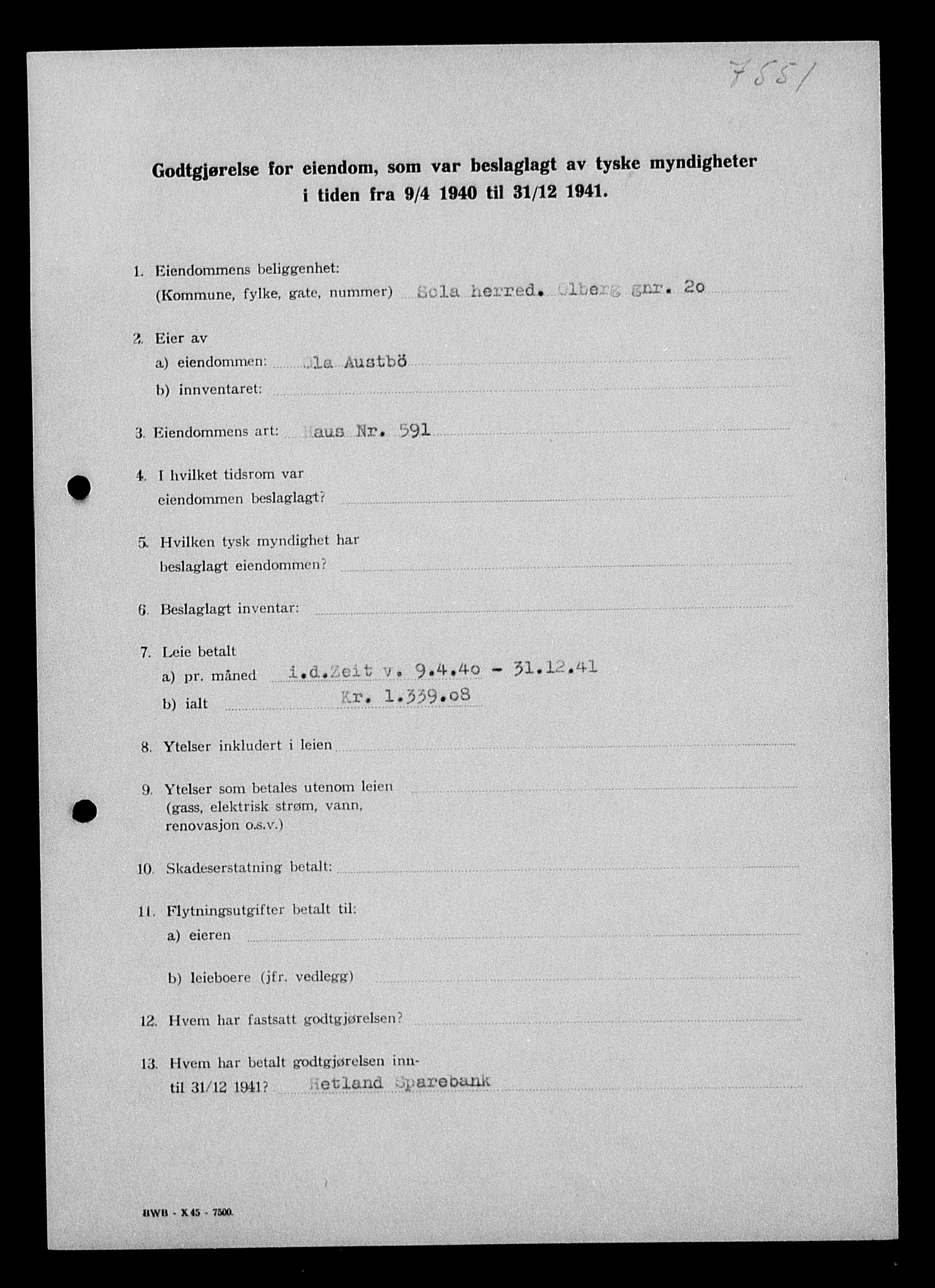 Justisdepartementet, Tilbakeføringskontoret for inndratte formuer, AV/RA-S-1564/I/L1014: Godtgjørelse for beslaglagt eiendom, 1940-1941, p. 174