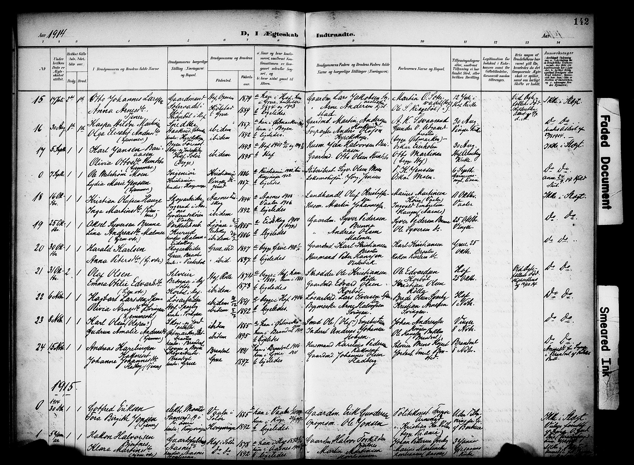 Vinger prestekontor, SAH/PREST-024/H/Ha/Haa/L0016: Parish register (official) no. 16, 1898-1920, p. 142