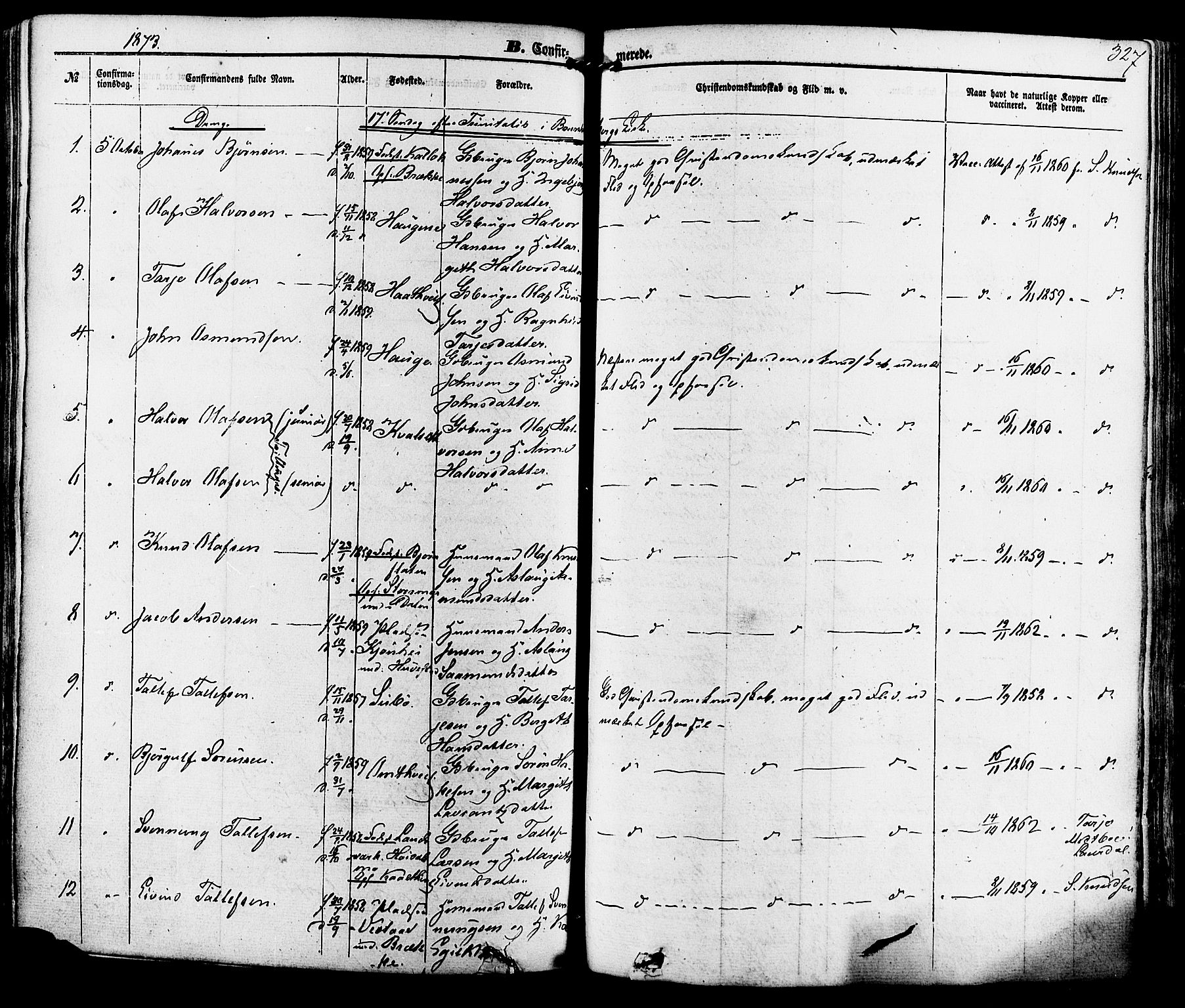 Kviteseid kirkebøker, AV/SAKO-A-276/F/Fa/L0007: Parish register (official) no. I 7, 1859-1881, p. 327