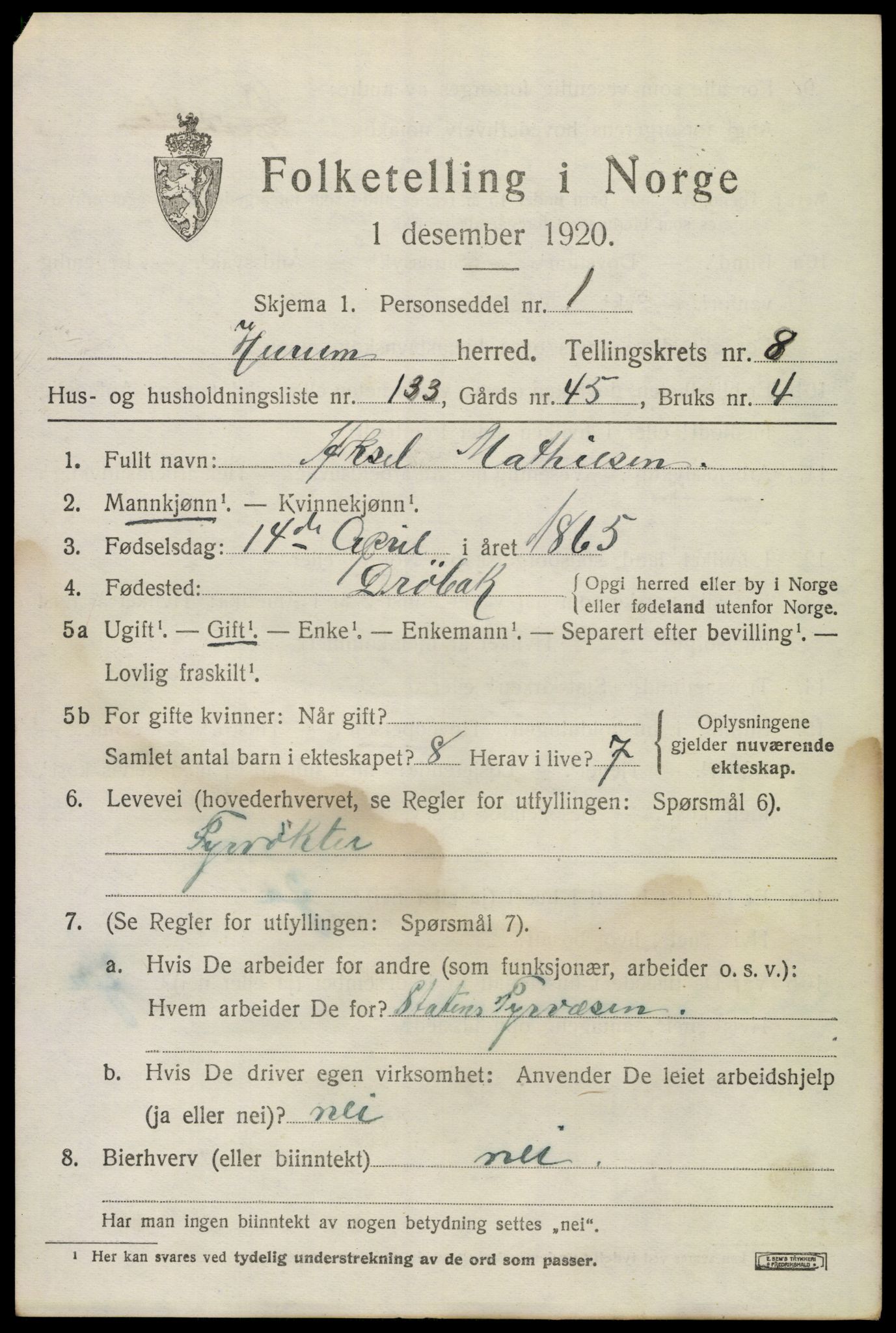 SAKO, 1920 census for Hurum, 1920, p. 11846