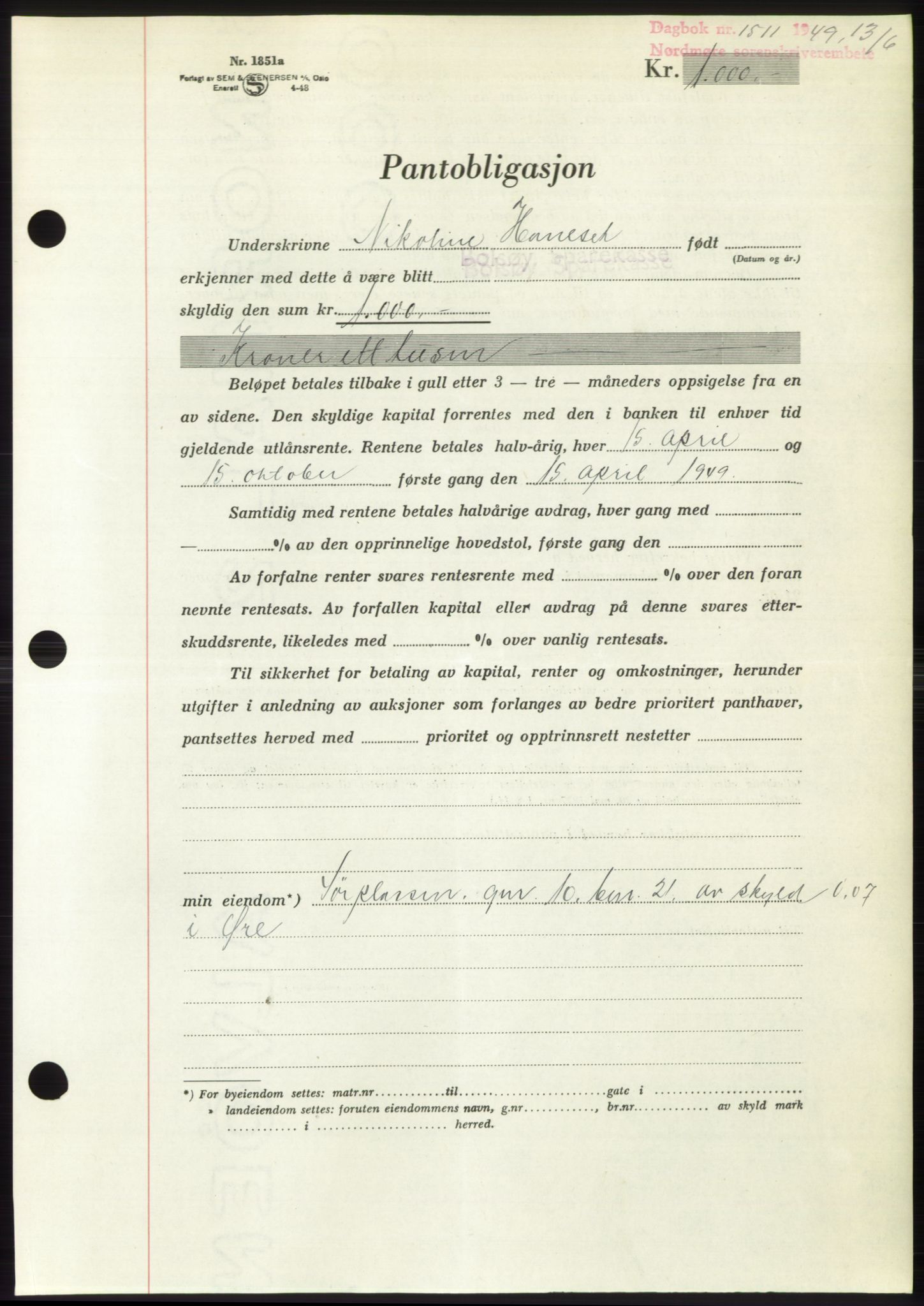 Nordmøre sorenskriveri, AV/SAT-A-4132/1/2/2Ca: Mortgage book no. B101, 1949-1949, Diary no: : 1511/1949