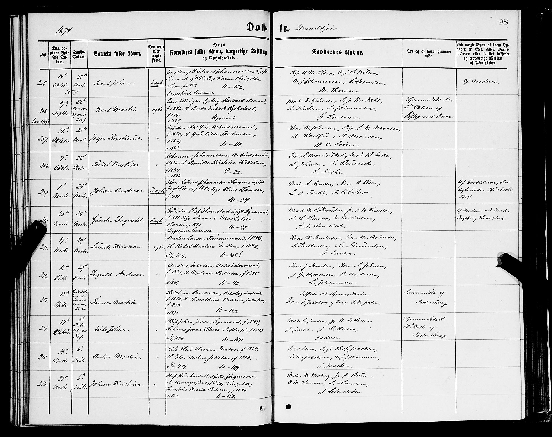 Domkirken sokneprestembete, SAB/A-74801/H/Hab/L0013: Parish register (copy) no. B 6, 1869-1876, p. 98