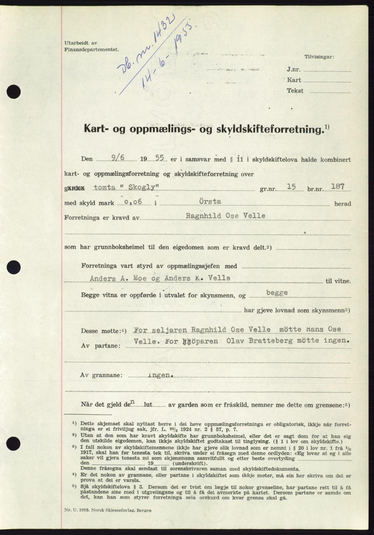 Søre Sunnmøre sorenskriveri, AV/SAT-A-4122/1/2/2C/L0101: Mortgage book no. 27A, 1955-1955, Diary no: : 1432/1955