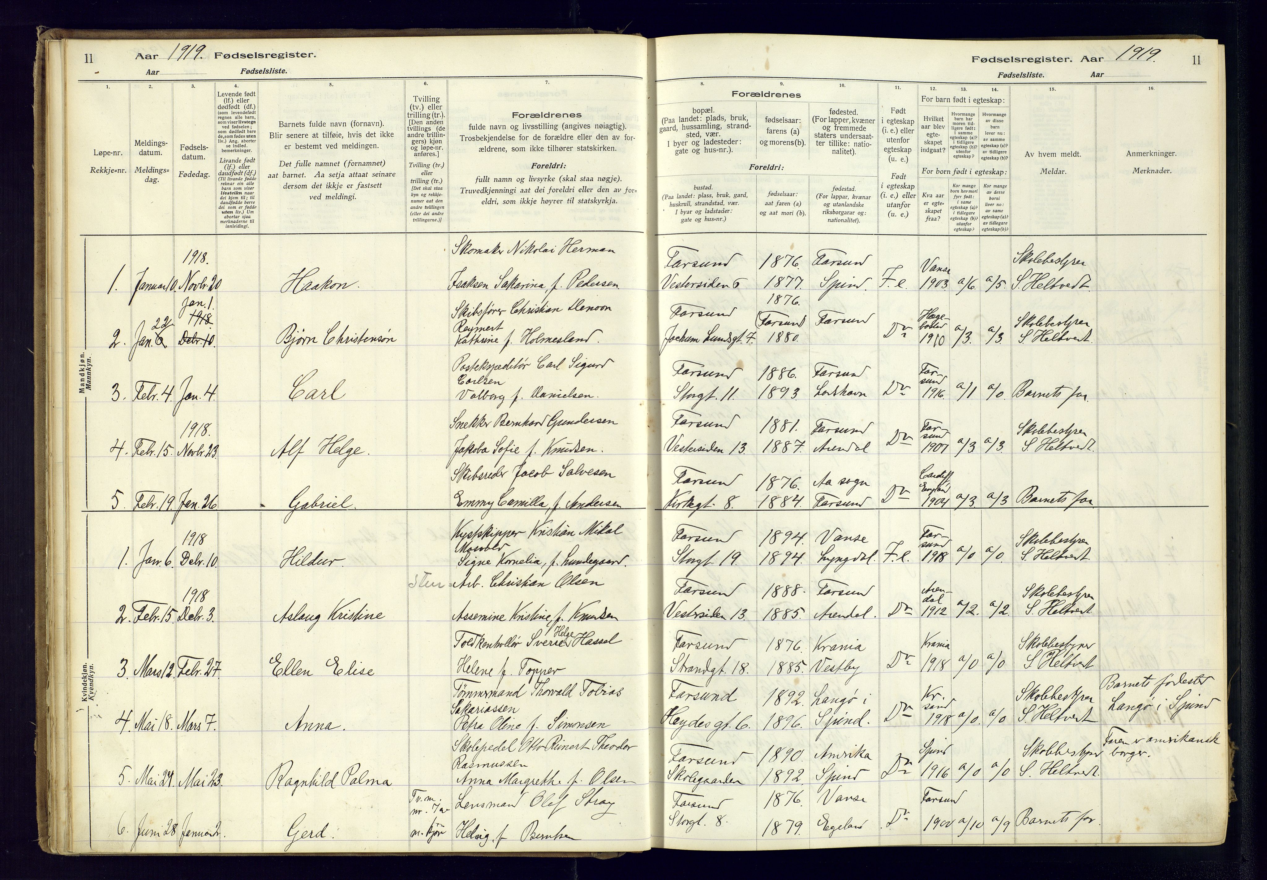 Farsund sokneprestkontor, AV/SAK-1111-0009/J/Ja/L0001: Birth register no. A-VI-8, 1916-1950, p. 11