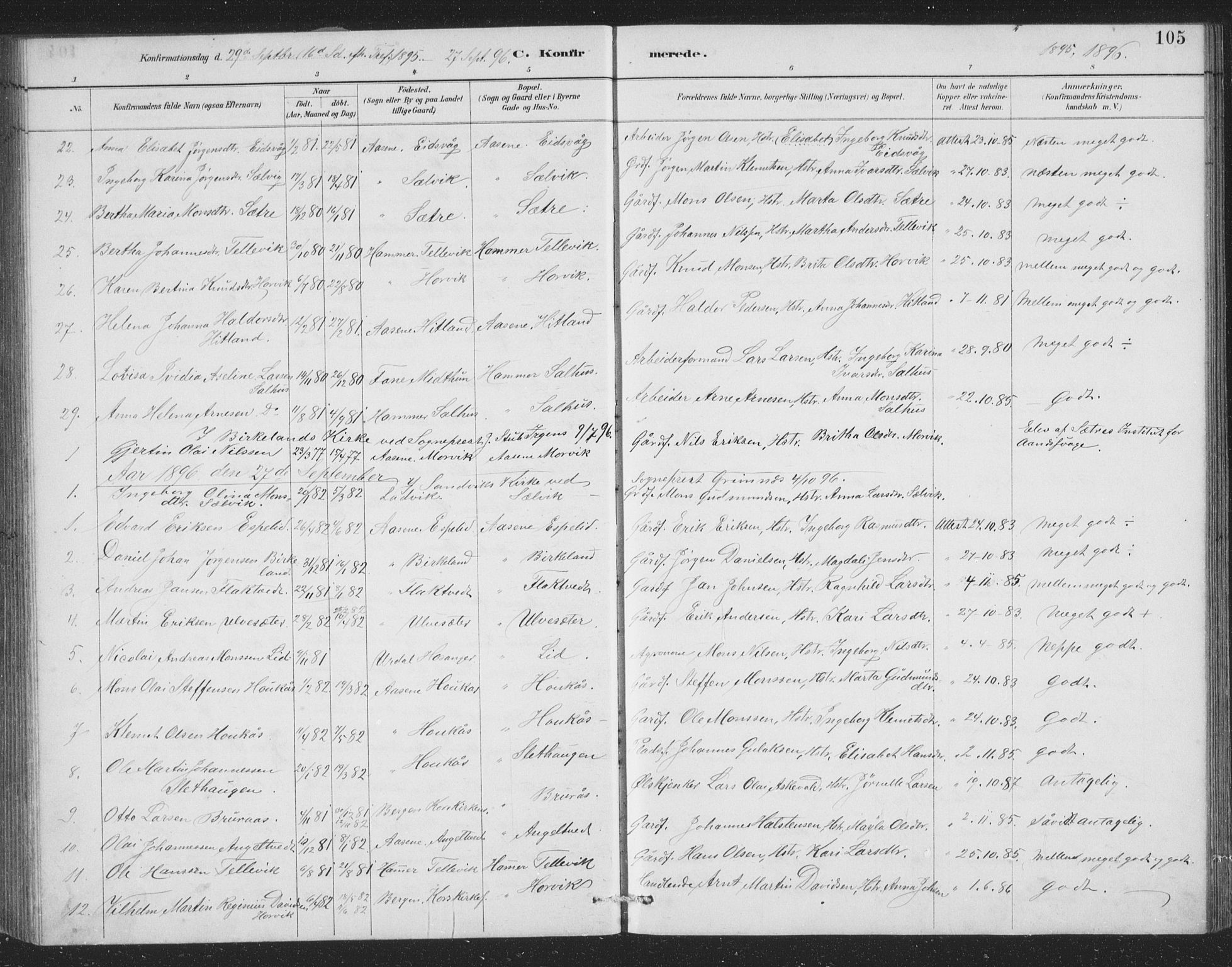 Åsane sokneprestembete, AV/SAB-A-79401/H/Hab: Parish register (copy) no. A 2, 1885-1898, p. 105