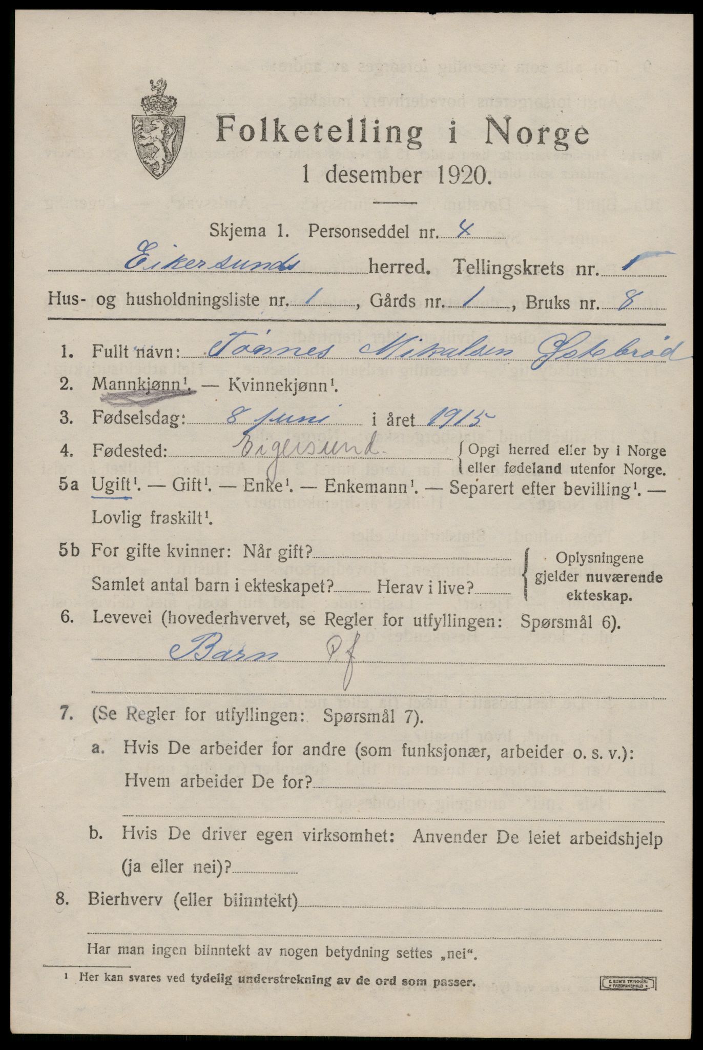 SAST, 1920 census for Eigersund, 1920, p. 1167