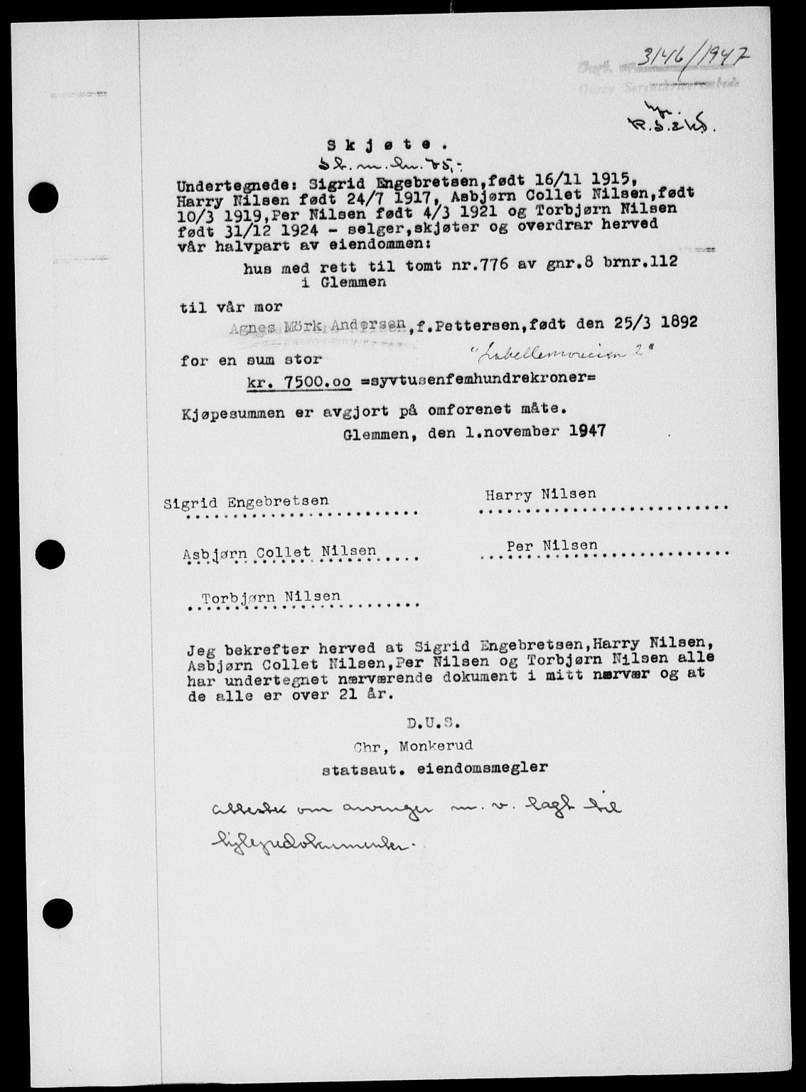 Onsøy sorenskriveri, SAO/A-10474/G/Ga/Gab/L0021: Mortgage book no. II A-21, 1947-1947, Diary no: : 3146/1947