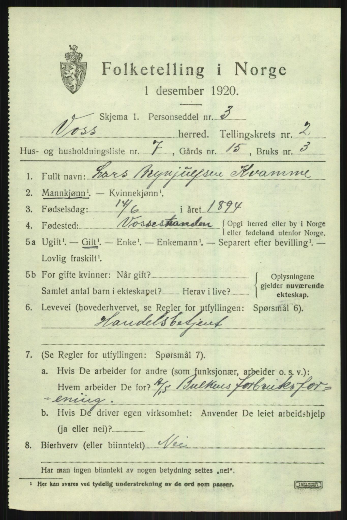 SAB, 1920 census for Voss, 1920, p. 3533