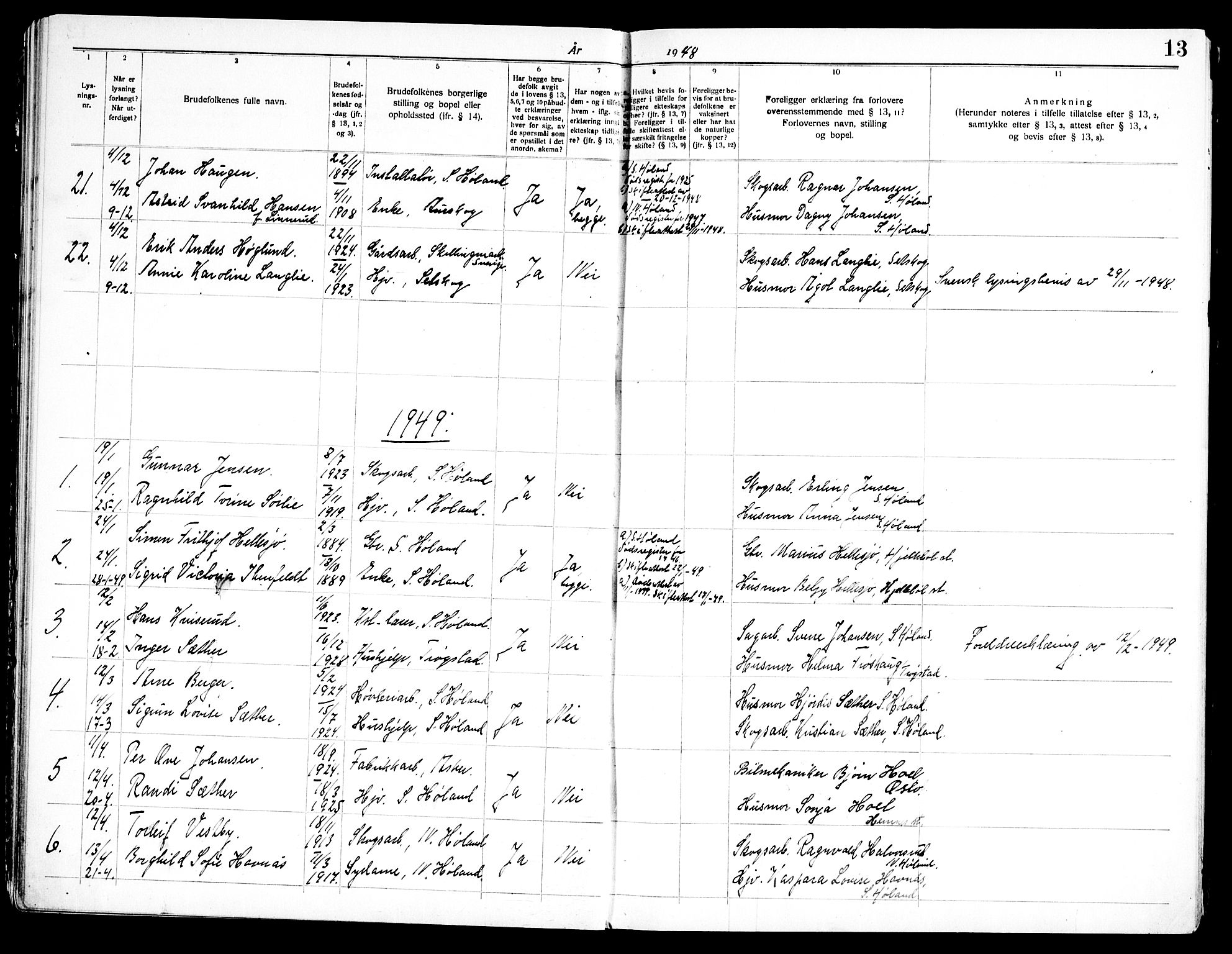 Høland prestekontor Kirkebøker, SAO/A-10346a/H/Hb/L0001: Banns register no. II 1, 1941-1969, p. 13