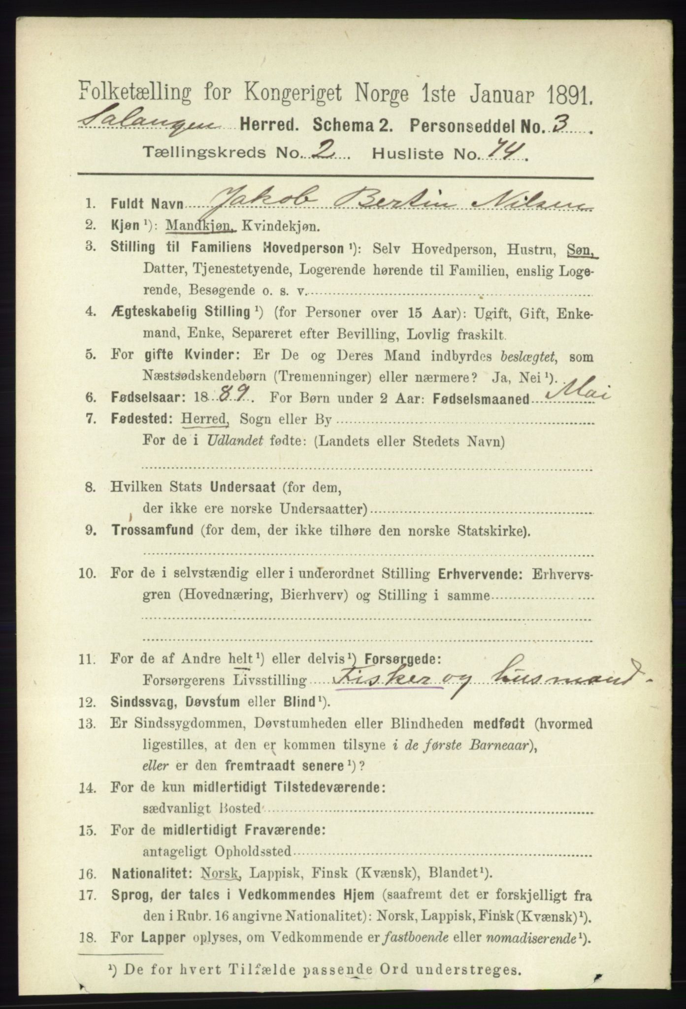 RA, 1891 census for 1921 Salangen, 1891, p. 1125