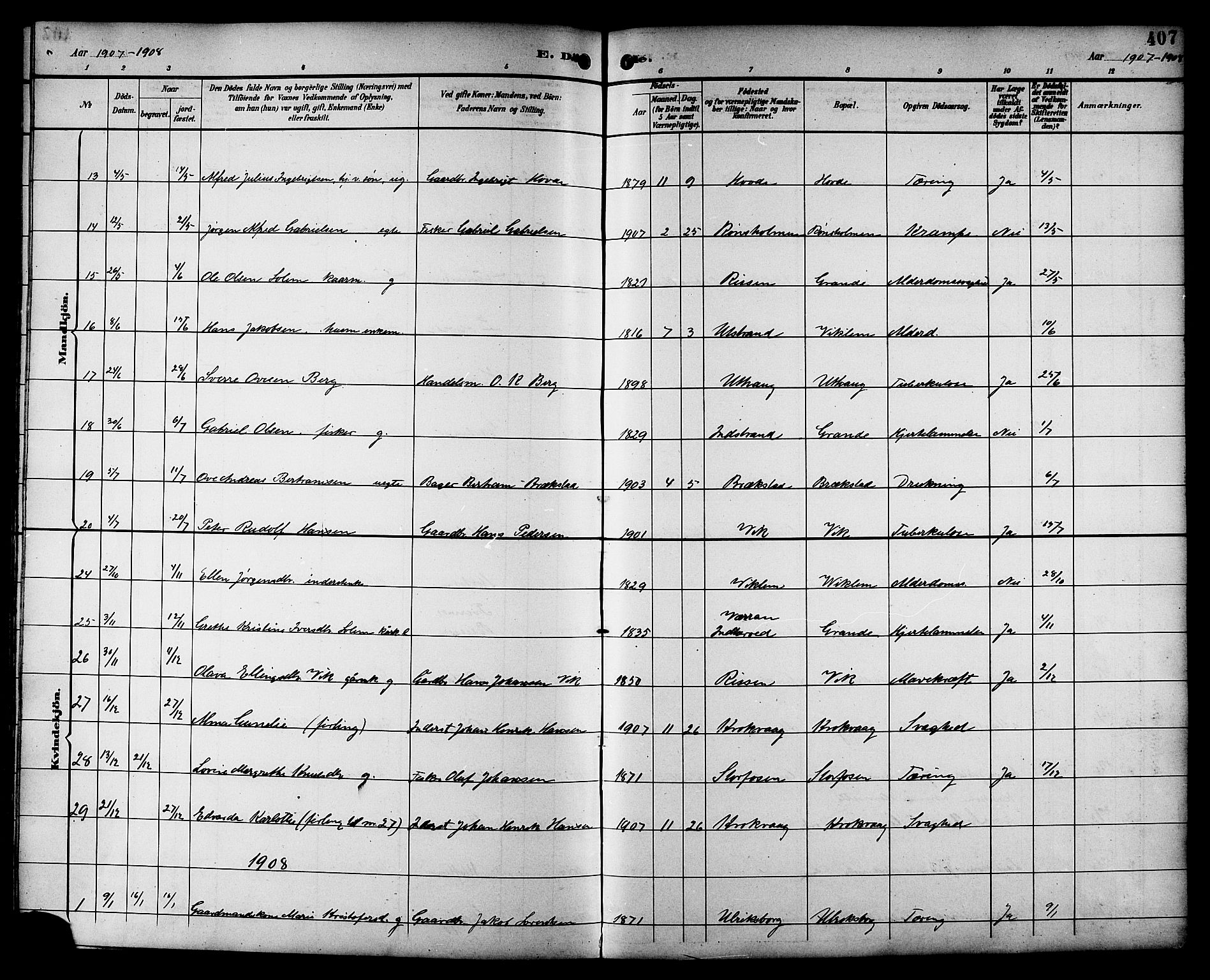 Ministerialprotokoller, klokkerbøker og fødselsregistre - Sør-Trøndelag, SAT/A-1456/659/L0746: Parish register (copy) no. 659C03, 1893-1912, p. 407