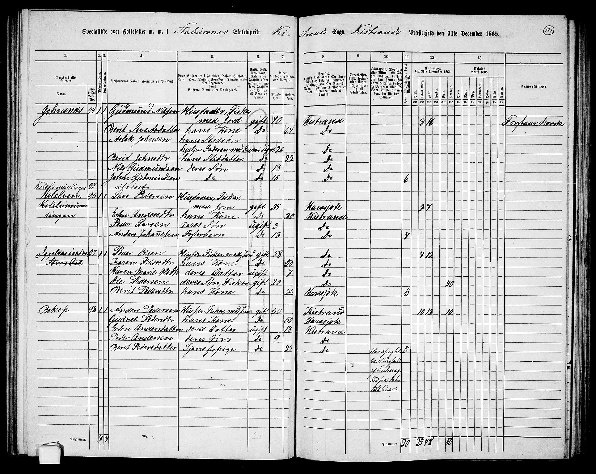 RA, 1865 census for Kistrand, 1865, p. 31