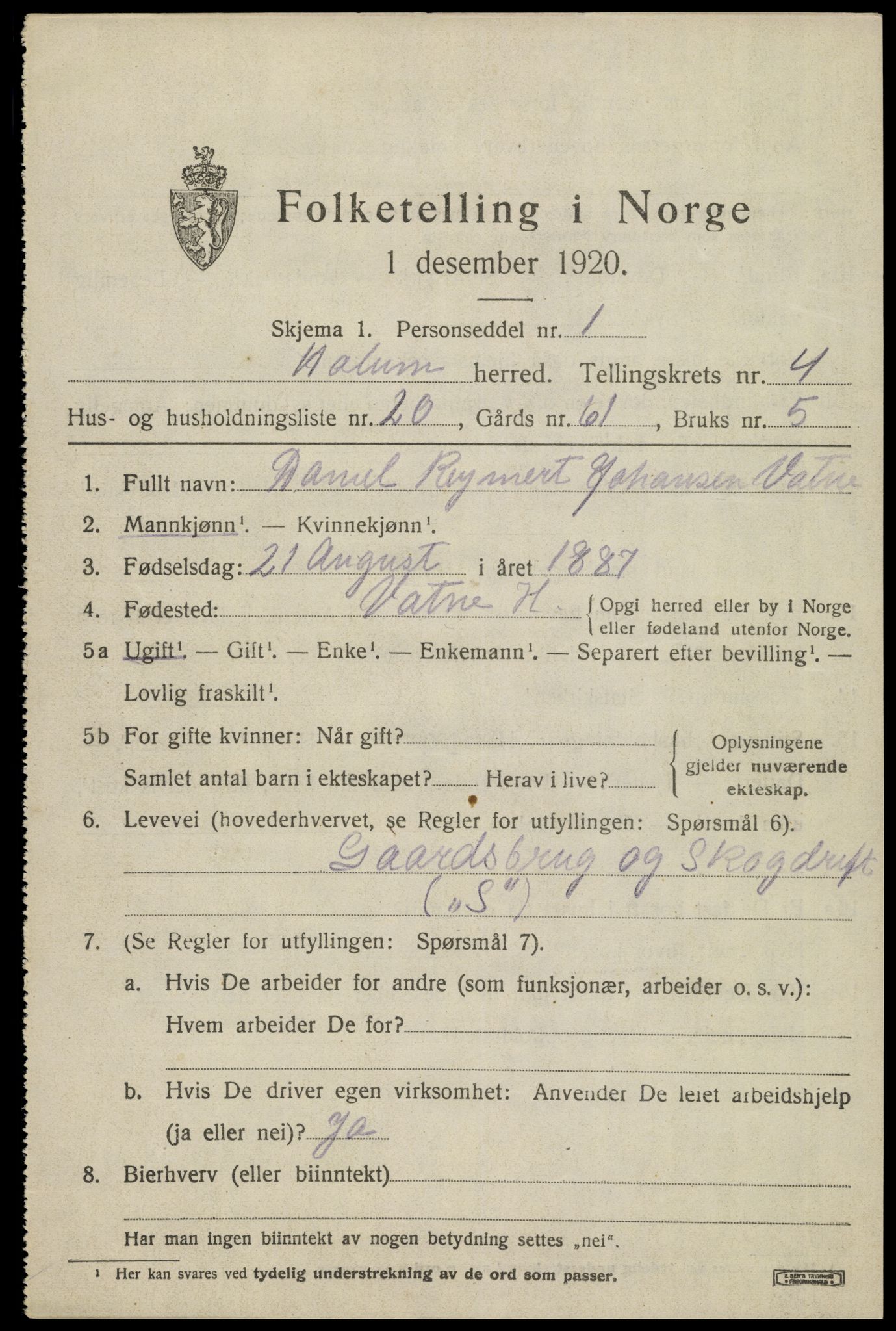 SAK, 1920 census for Holum, 1920, p. 2121