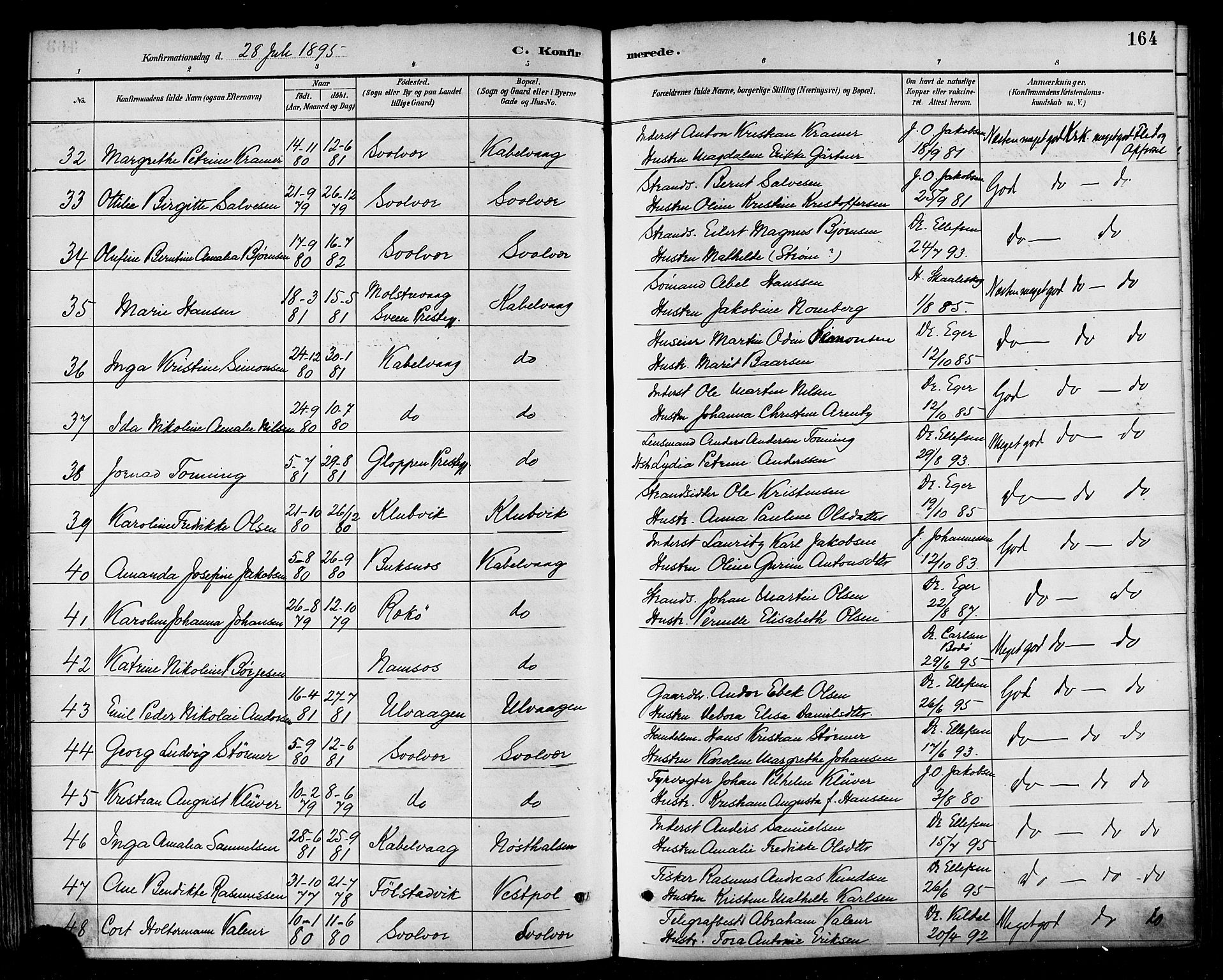 Ministerialprotokoller, klokkerbøker og fødselsregistre - Nordland, AV/SAT-A-1459/874/L1060: Parish register (official) no. 874A04, 1890-1899, p. 164