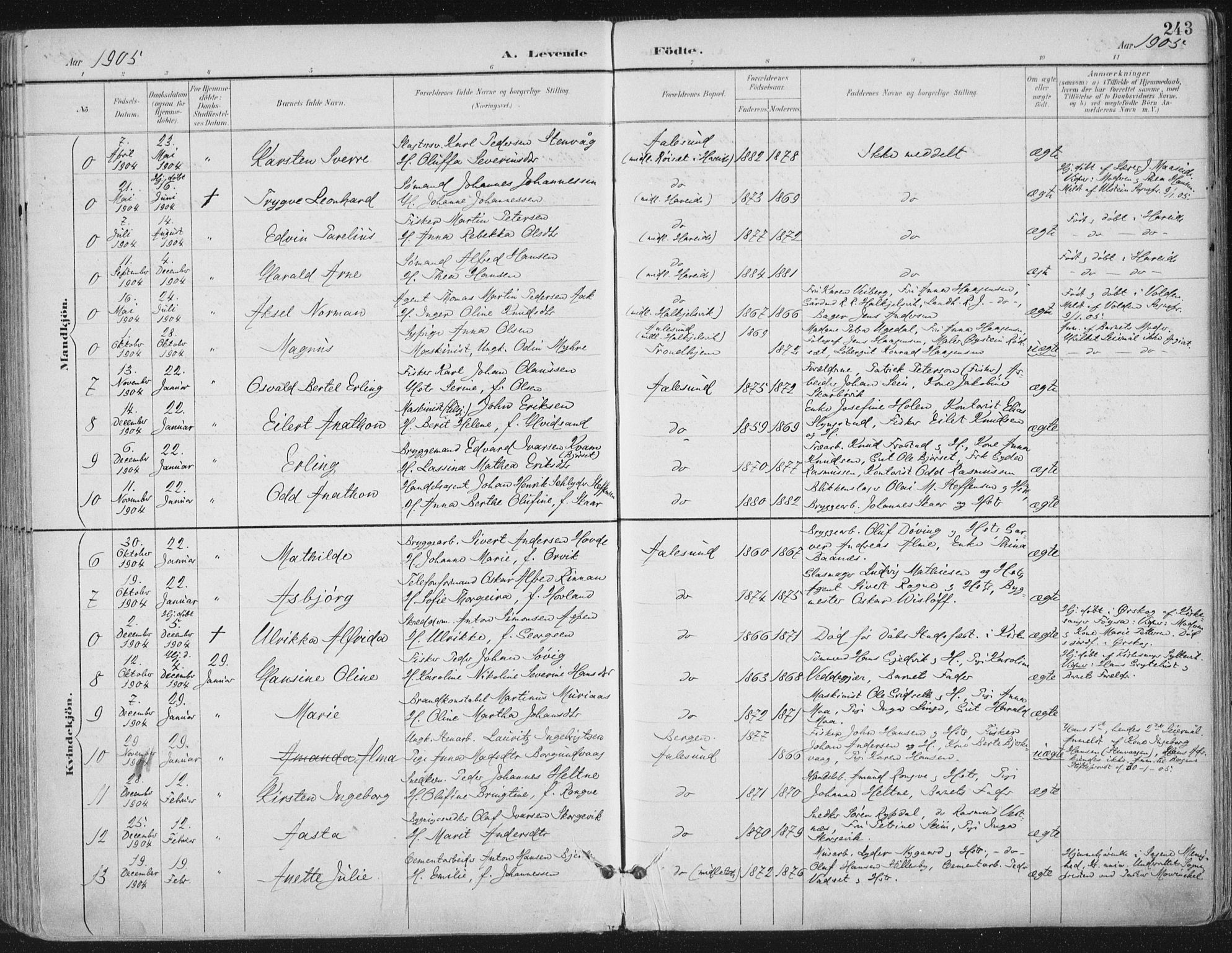 Ministerialprotokoller, klokkerbøker og fødselsregistre - Møre og Romsdal, SAT/A-1454/529/L0456: Parish register (official) no. 529A06, 1894-1906, p. 243