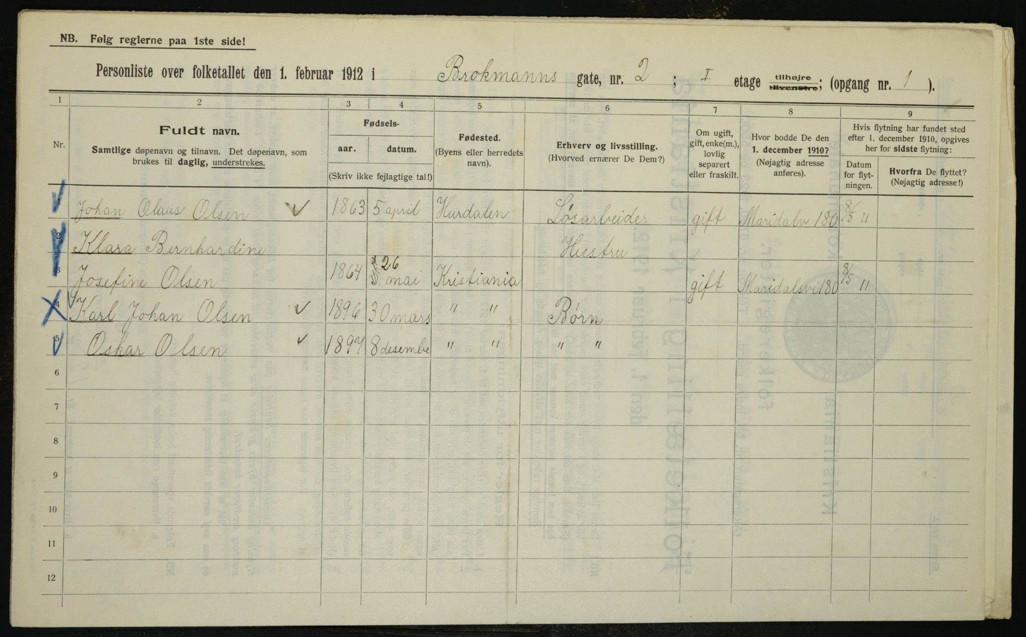 OBA, Municipal Census 1912 for Kristiania, 1912, p. 9489