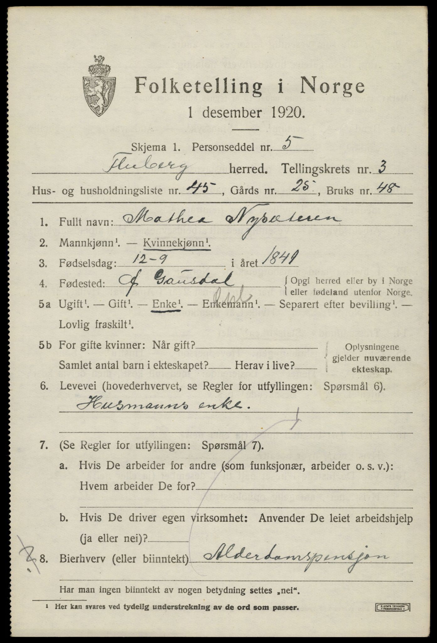 SAH, 1920 census for Fluberg, 1920, p. 3284